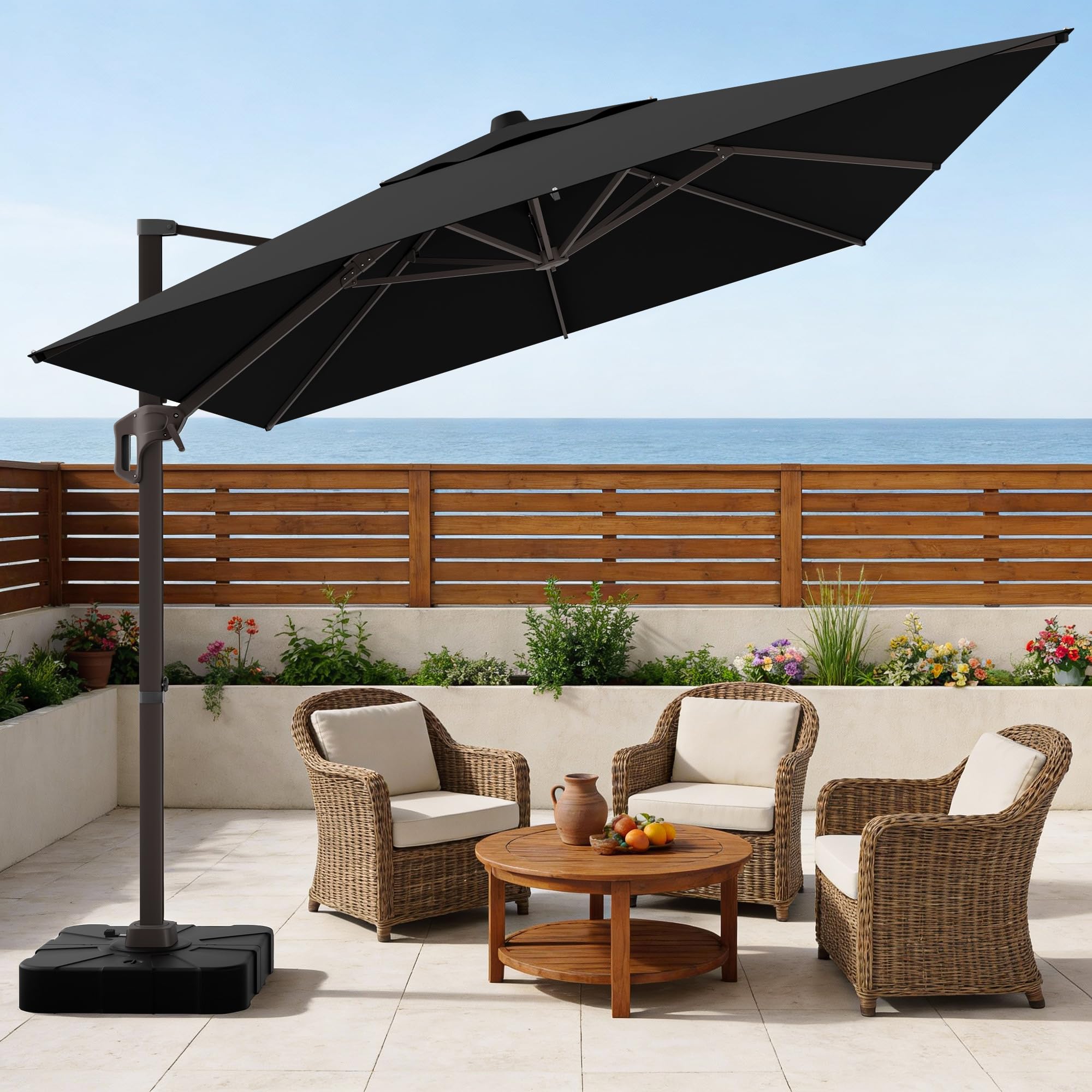 UMBFUN Sonnenschirm 300 x 400 cm mit Fußpedal und Kreuzsockel,Groß Ampelschirm,Kurbel Doppeldach Gartenschirm mit 360° Drehbar für Terrasse,Pool,Outdoor,Balkon Sonnenschutz