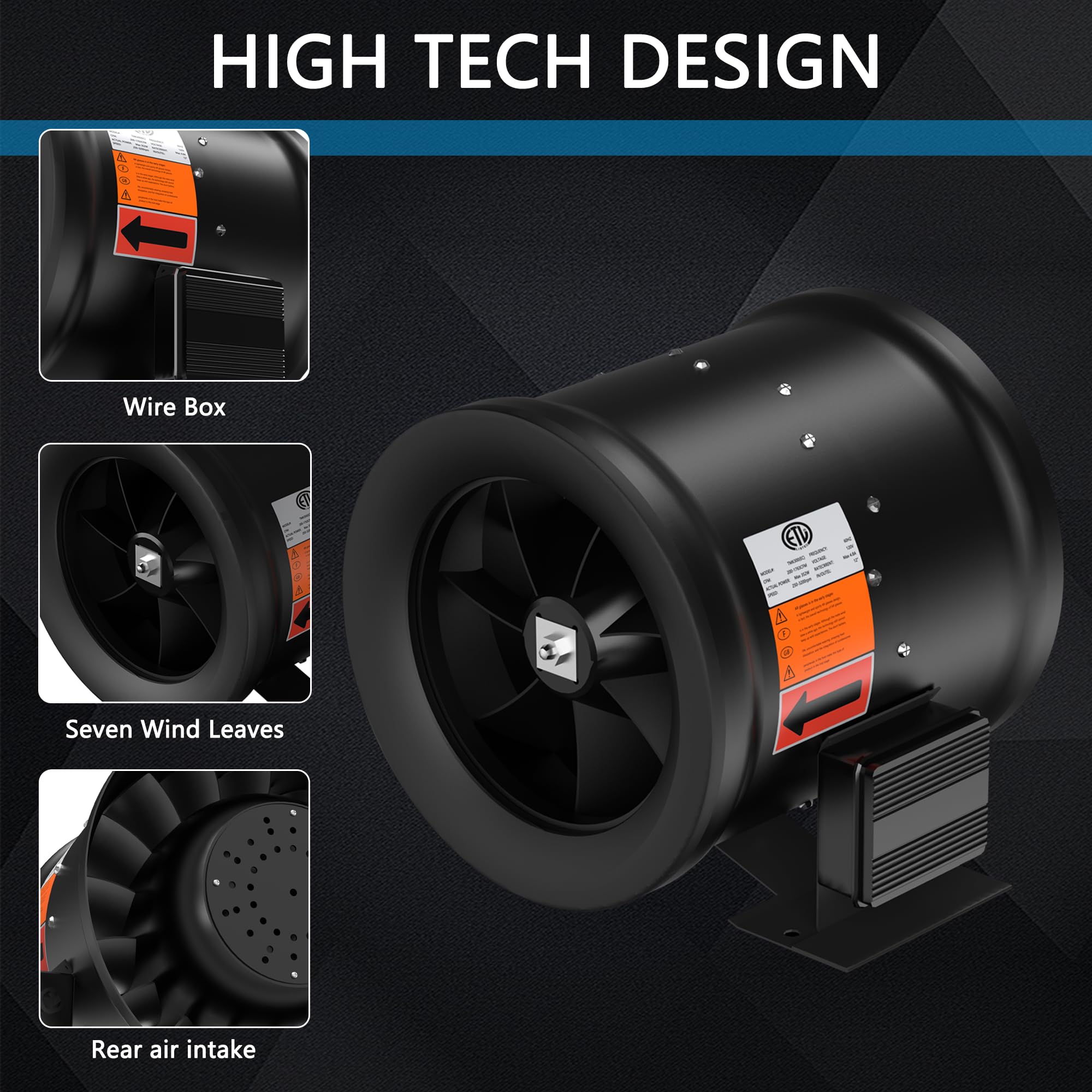 12 Inch Inline Duct Fan,1900 CFM Inline Fan Duct Fan Constan -5