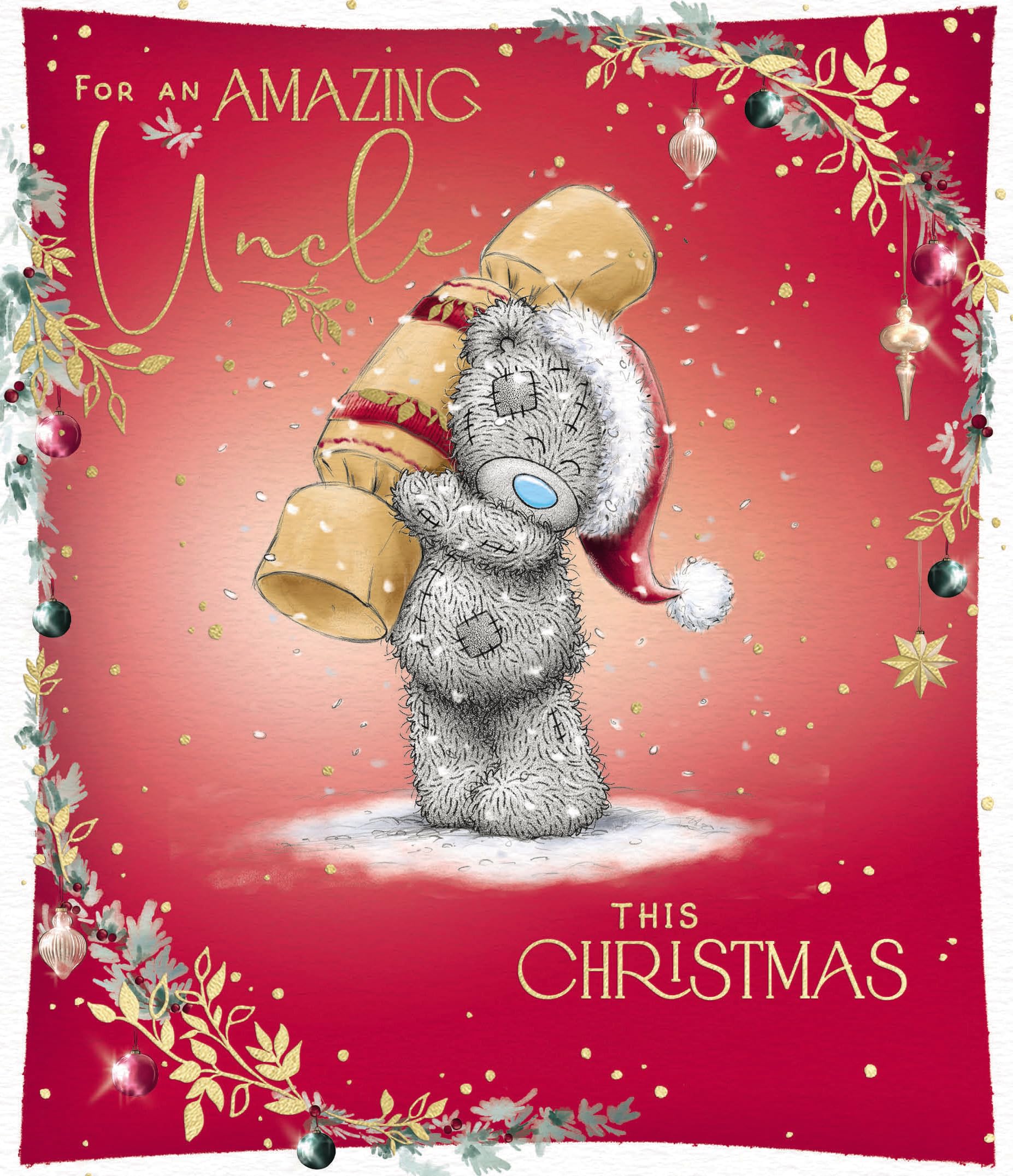 Me To You Tatty Teddy Christmas Card To An Amazing Uncle, Tatty Teddy Bear Holding Large Christmas Cracker 15.4 x 18.4 cm - Official Collection