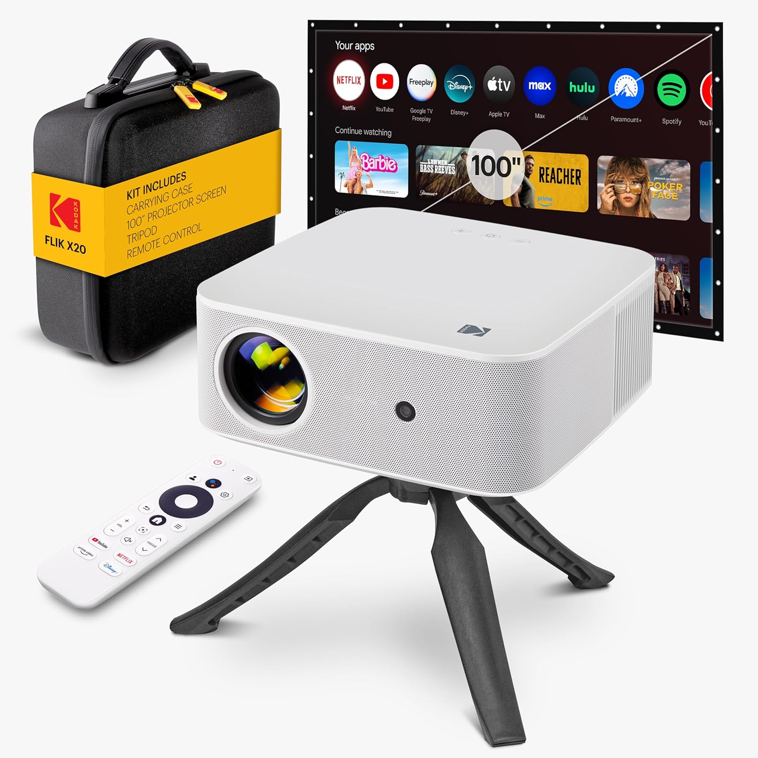 Kodak Flik X20 1080p Smart TV Projector Kit w/ 300 ANSI LED, Auto-Focus & Keystone, HDR10 – Portable Home Theater w/ Black EVA Case, Tripod, 100″ Screen, HDMI Cable, Remote, Wi-Fi, Bluetooth (White)