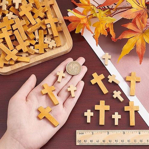 Miniatura 3 de SUNNYCLUE 100 piezas de 2 estilos de cruces de madera de Pascua a granel con cruz de madera natural, cuentas de cruz para manualidades, fiestas,