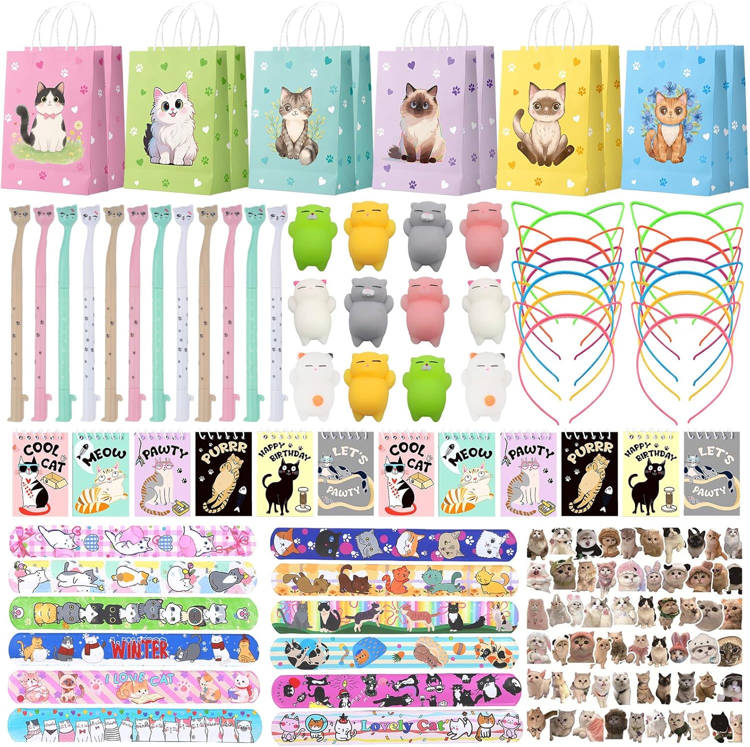 Cat Party Favors, Cute 132 Pcs Cat Themed Birthday Party Decorations with Goodie Bags Stuffer Pencil Headband Mini Notebook Slap Bracelet Squishy Toy Stickers for Girls, Easter Gifts for Kids
