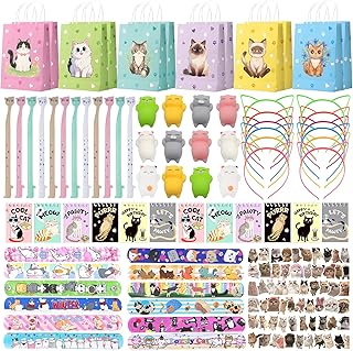 Cat Party Favors, Cute 132 Pcs Cat Themed Birthday Party Decorations with Goodie Bags Stuffer Pencil Headband Mini Notebook Slap Bracelet Squishy Toy Stickers for Kids, Fun Christmas Gifts for Girls