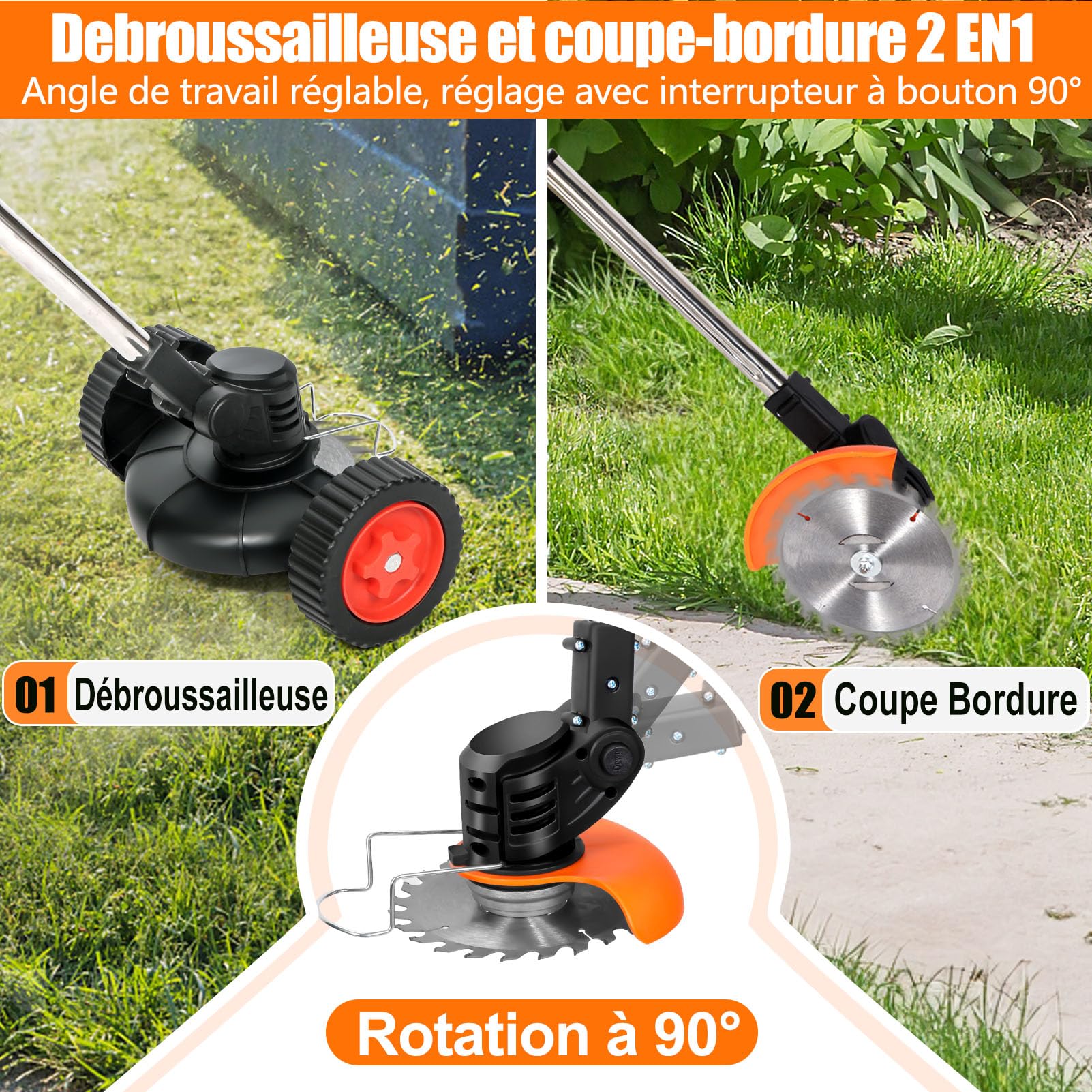 Débroussailleuse Électrique sans Fil 21V avec Batterie et 4 Lames, Coupe-Bordure pour Jardin et Pelouse