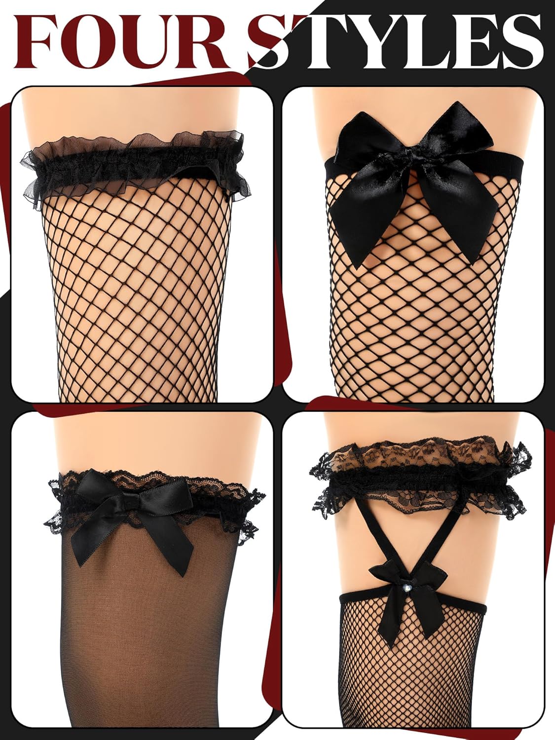 Bencailor 4 Pairs Fishnet Thigh High Stockings Silky Bow Lace Top Sheer Over Knee Stocking for Women - Image 6