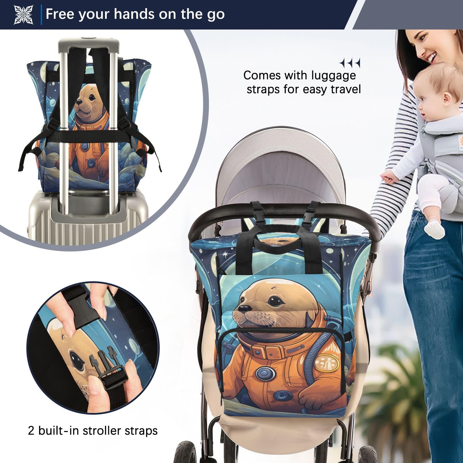 Sello MarróN Espacio Luz De La Luna Mochilas de Pañales para Gran Capacidad Pañal Bolso Mochila para Viajar al Aire Libre Mamá y Papá