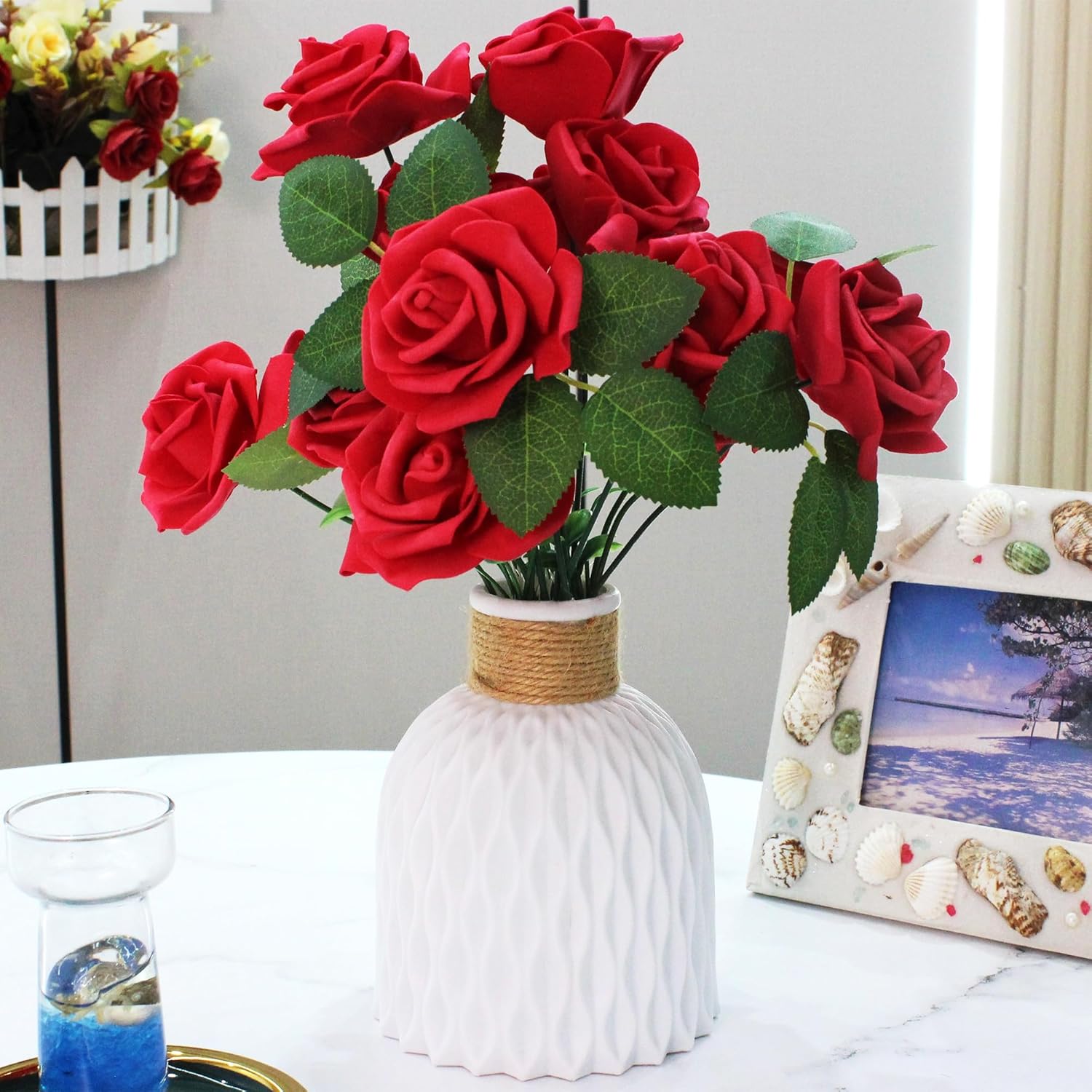 100 Pcs 3 Inch Artificial Flowers Bulk 5 in 1 Set Faux Foam Fake Rose Head Wedding Decoration Bridal Shower Centerpiece Arrangement Wall Table Decor DIY Craft (Rose Cherry Red)