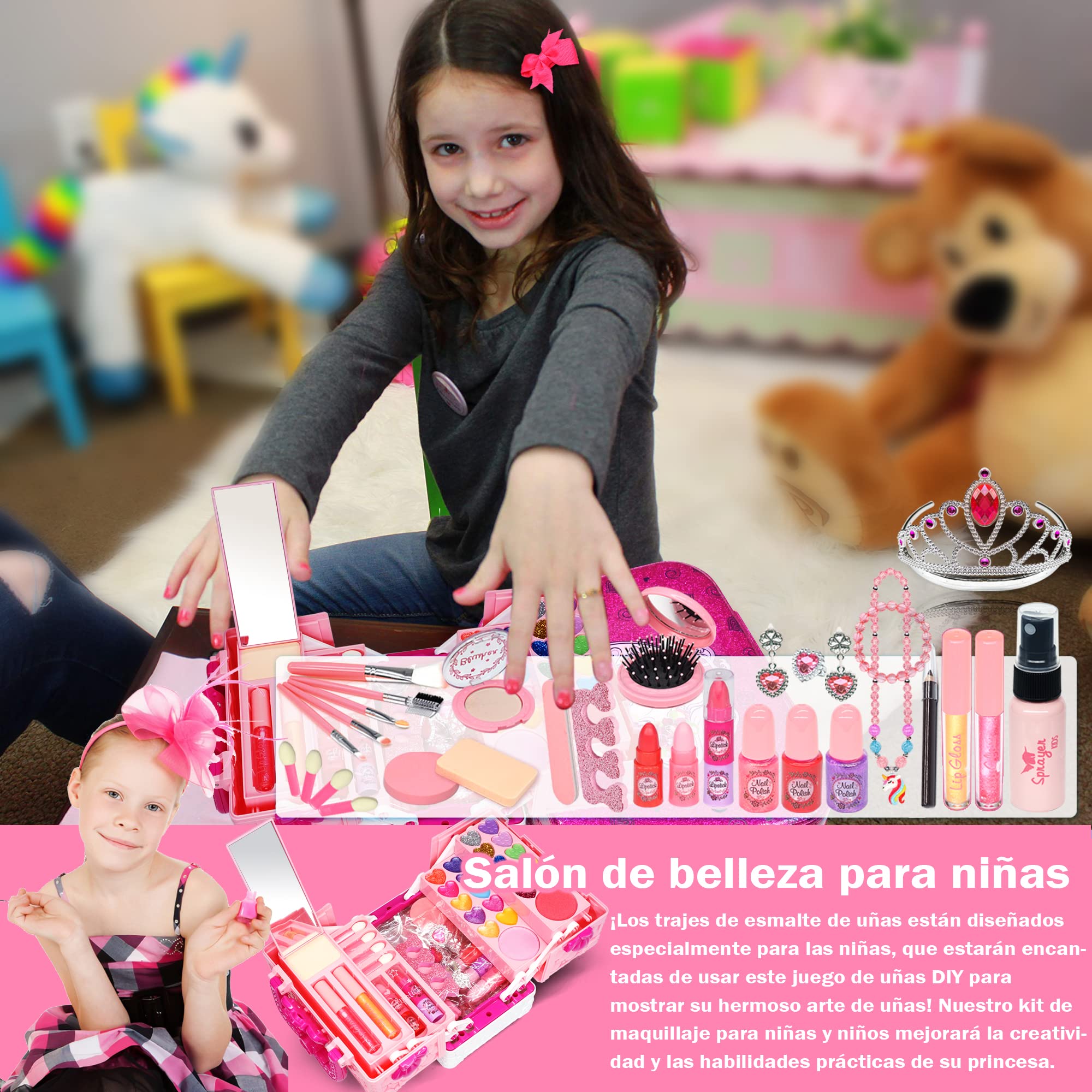 Juegos de Maquillaje para niños, Cajas de Maquillaje para niñas, Juego de 54 Piezas de Juguetes Lavables, Juguetes para niñas 4 - 12, Regalos de cumpleaños para Fiestas