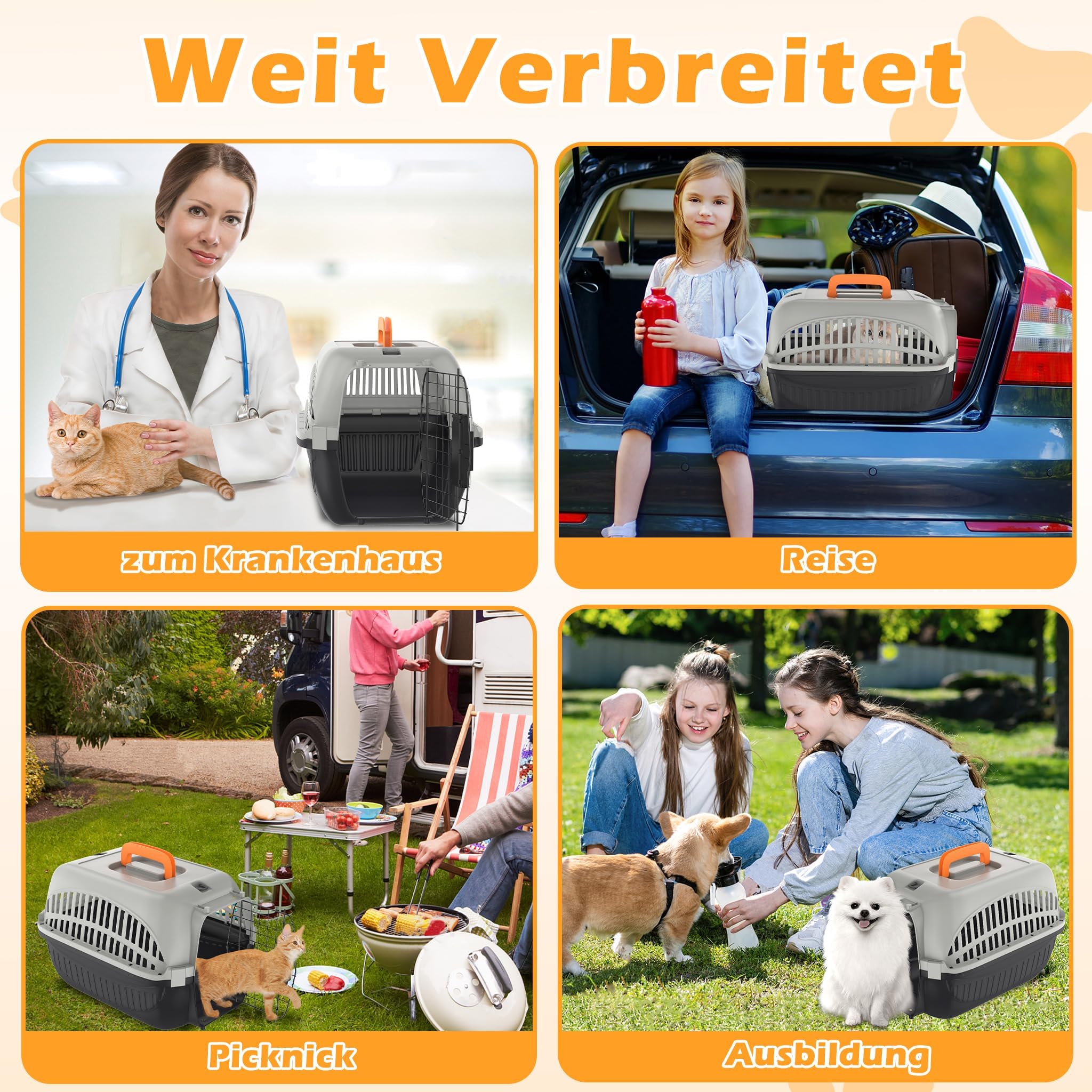 UISEBRT Katzentransportbox, Transportbox Katze mit Metalltür Vorne Tiertransportbox,Transportbox Hund für Kleine Haustiere/Katzen/Hunde/Kaninchen bis 10 kg, Grau+Schwarz