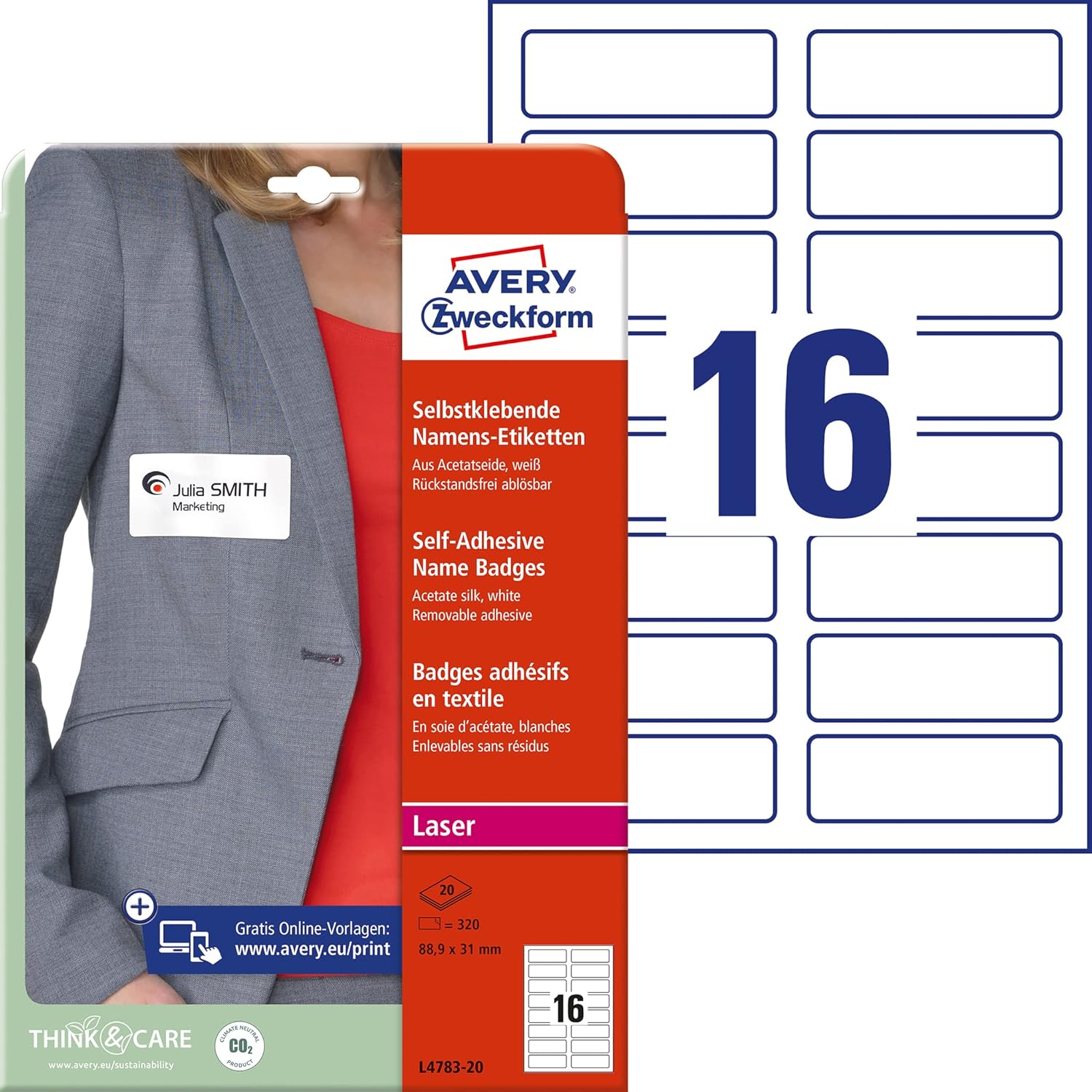 Avery Zweckform L4783 Name Badge Labels, 20 Sheets/320 Labels/88.9 x 31 mm, White
