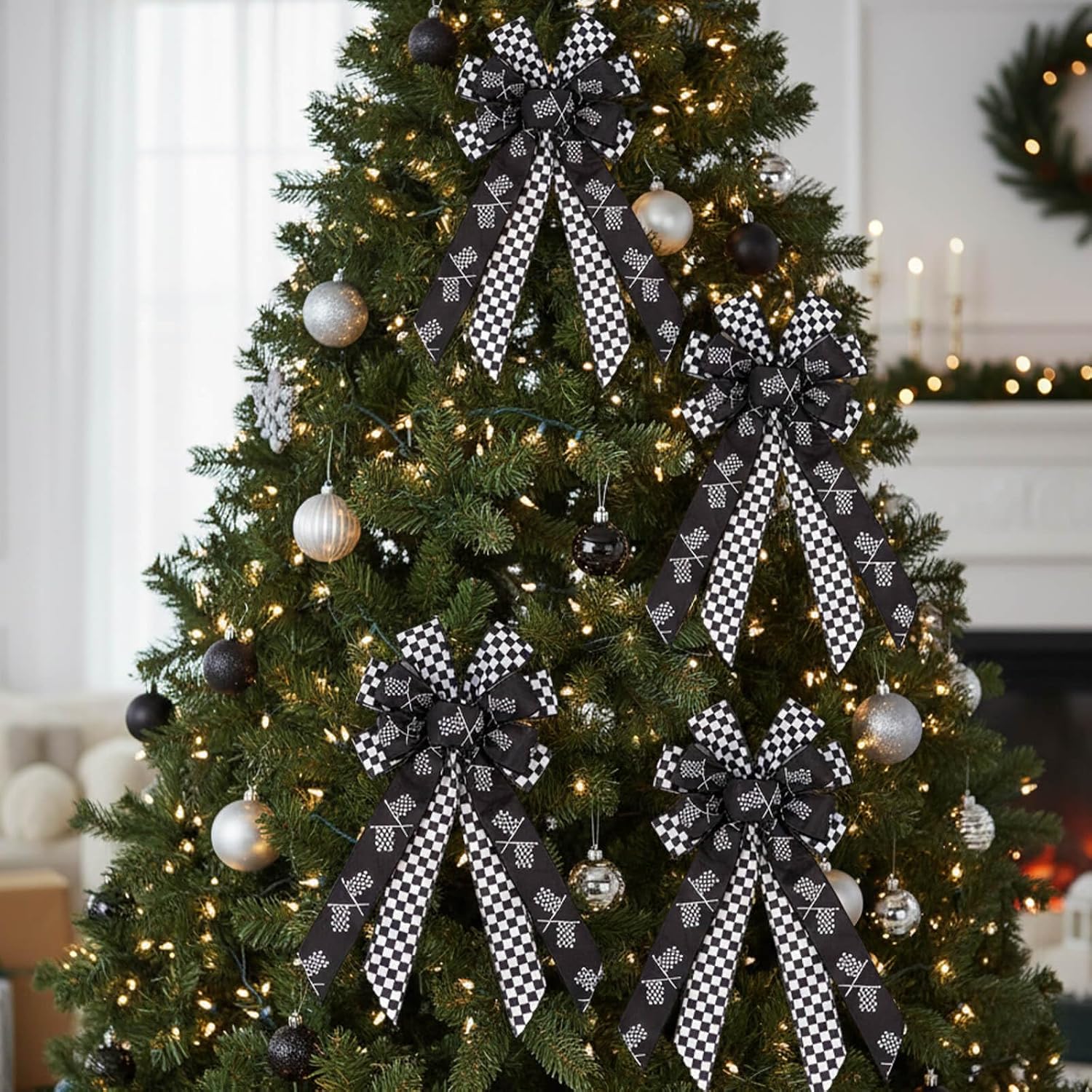 YKW Large Checkered Flag Bow 20" with Wired Ribbon for Wreath Front Door Car Decoration, Racing Sports Party Black White