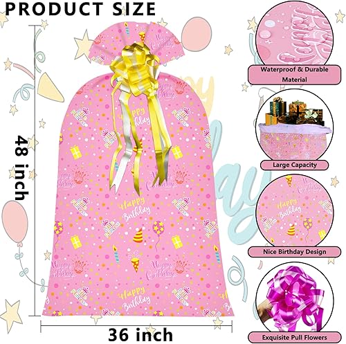 Miniatura 2 de 2 bolsas de regalo grandes de plástico de gran tamaño de 48 x 36 pulgadas con 2 lazos para envolver regalos de cumpleaños, bolsas de regalo de