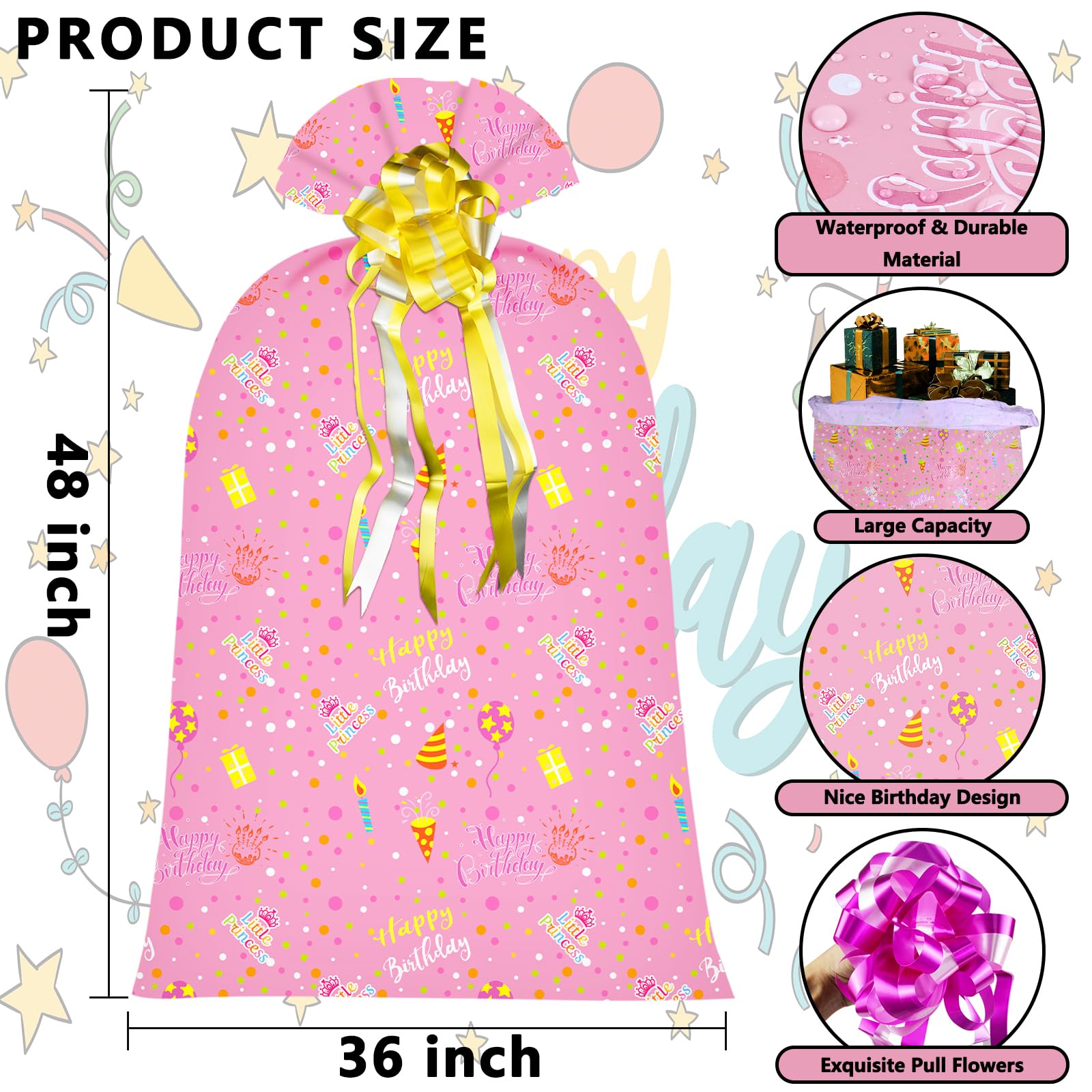 2 Pcs Large Gift Bags Oversized Plastic Storage Bags 48"x 36" with 2 Pcs Pull Bows for Huge Big Birthday Gift Presents Wrapping, Kids Bike Gift Bags, Birthdays, Parties, New Parents Baby Showers