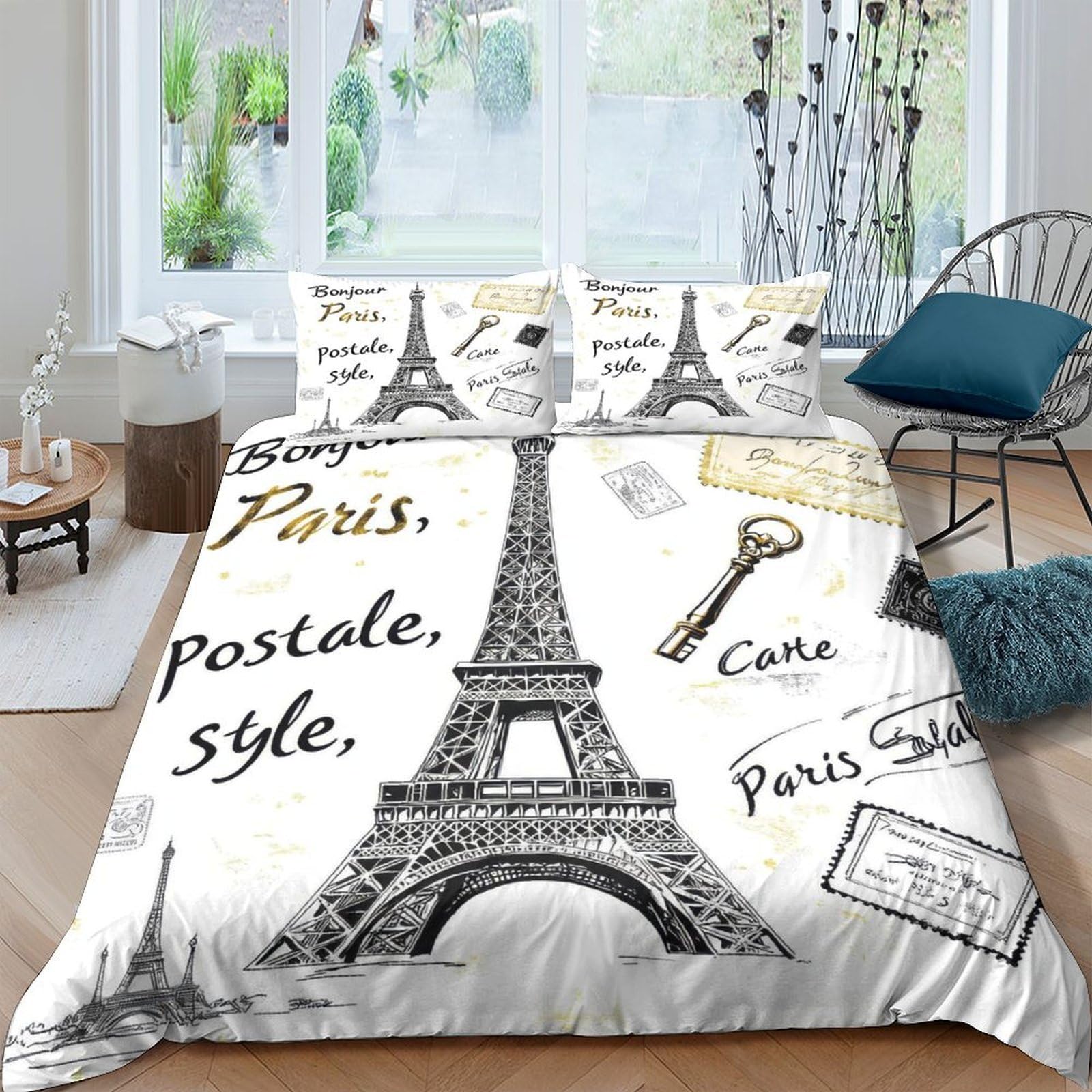 TUFRTGYHN 3D Printed Eiffel Tower Paris Duvet Cover Microfiber Soft Breathable Sketch Letter Bedding Set with 2 Pillowcases for Bedroom Decoration Single（135x200cm）