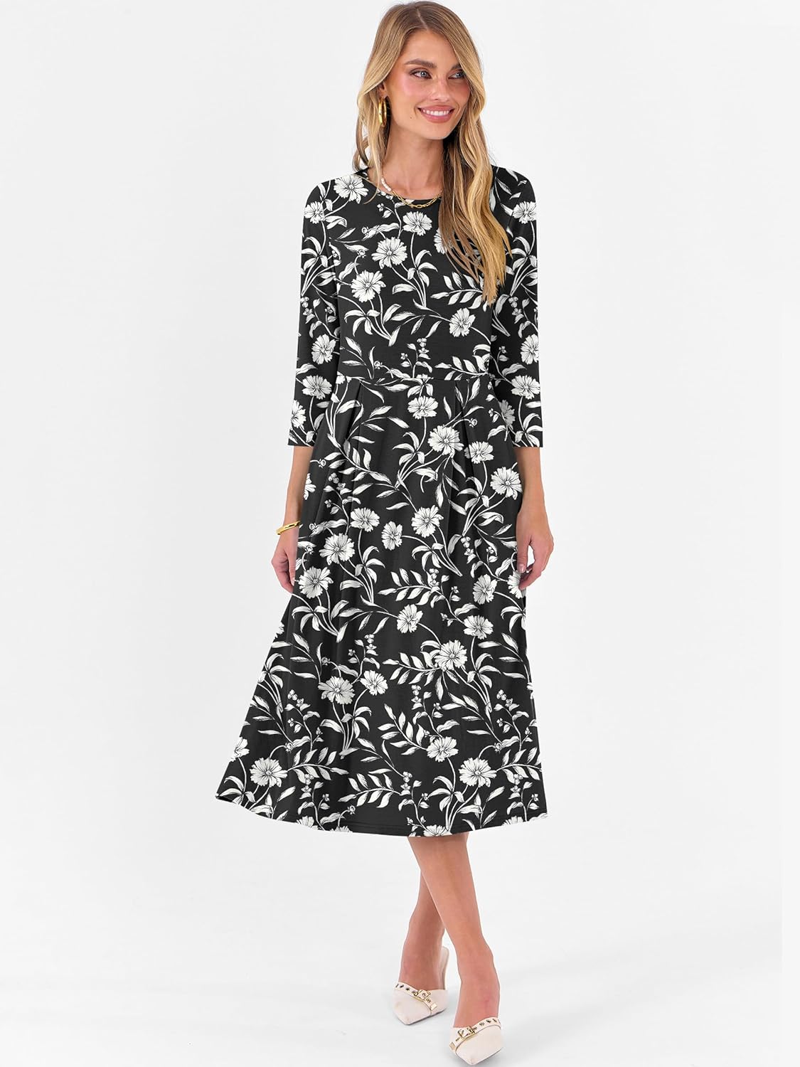 Prinbara Women's 3/4 Sleeve Midi Dresses 2025 Fall Casual Boho A-Line Flowy Swing Summer Floral T Shirt Dress with Pockets - Image 2