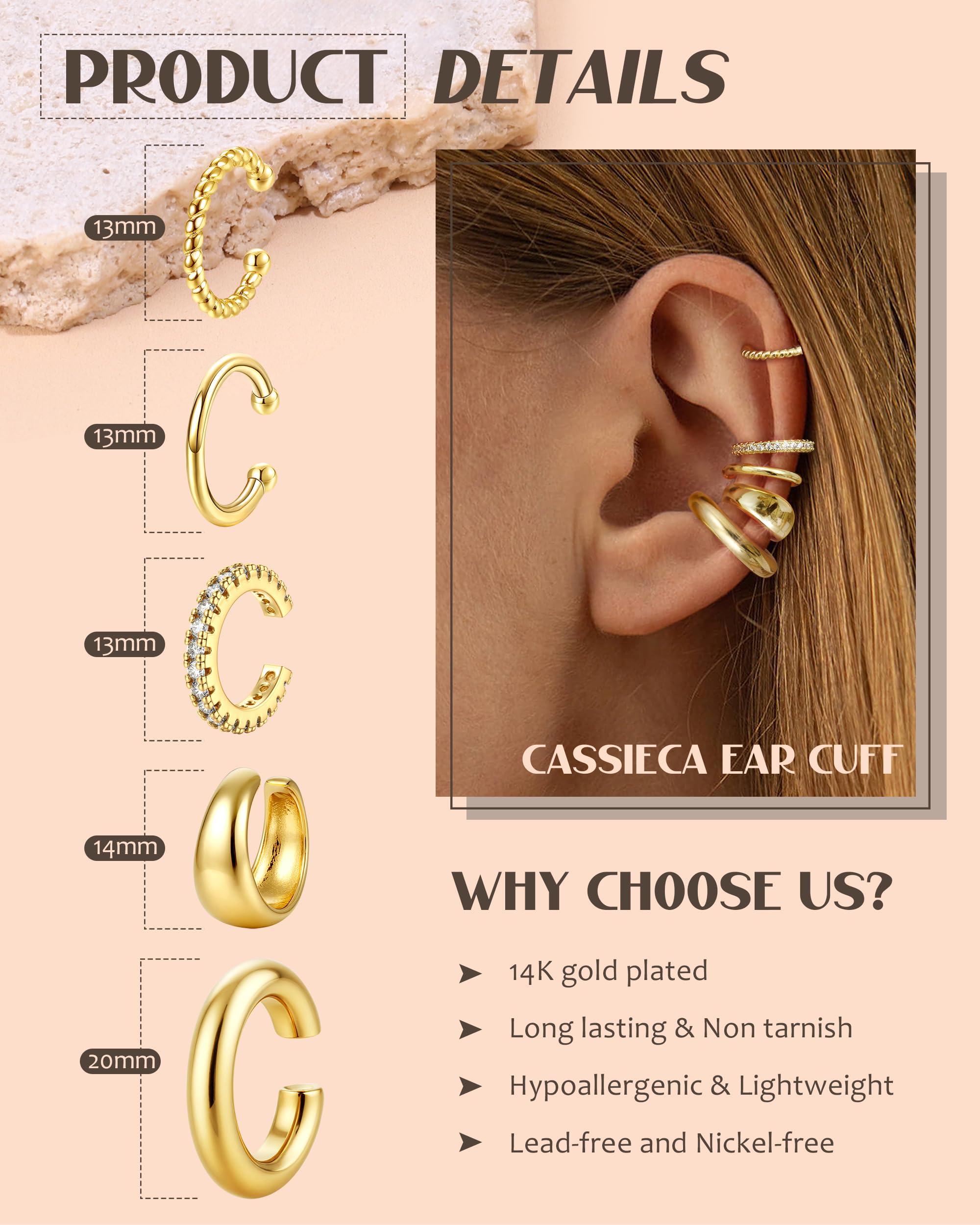 CASSIECA Ear Cuff Orecchini Non Piercing, Orecchini Donna Chunky Earcuff Orecchini Senza Buco alla a Clip per Cartilagine Orecchini a Clip Ipoallergenici Regalo di Gioielli