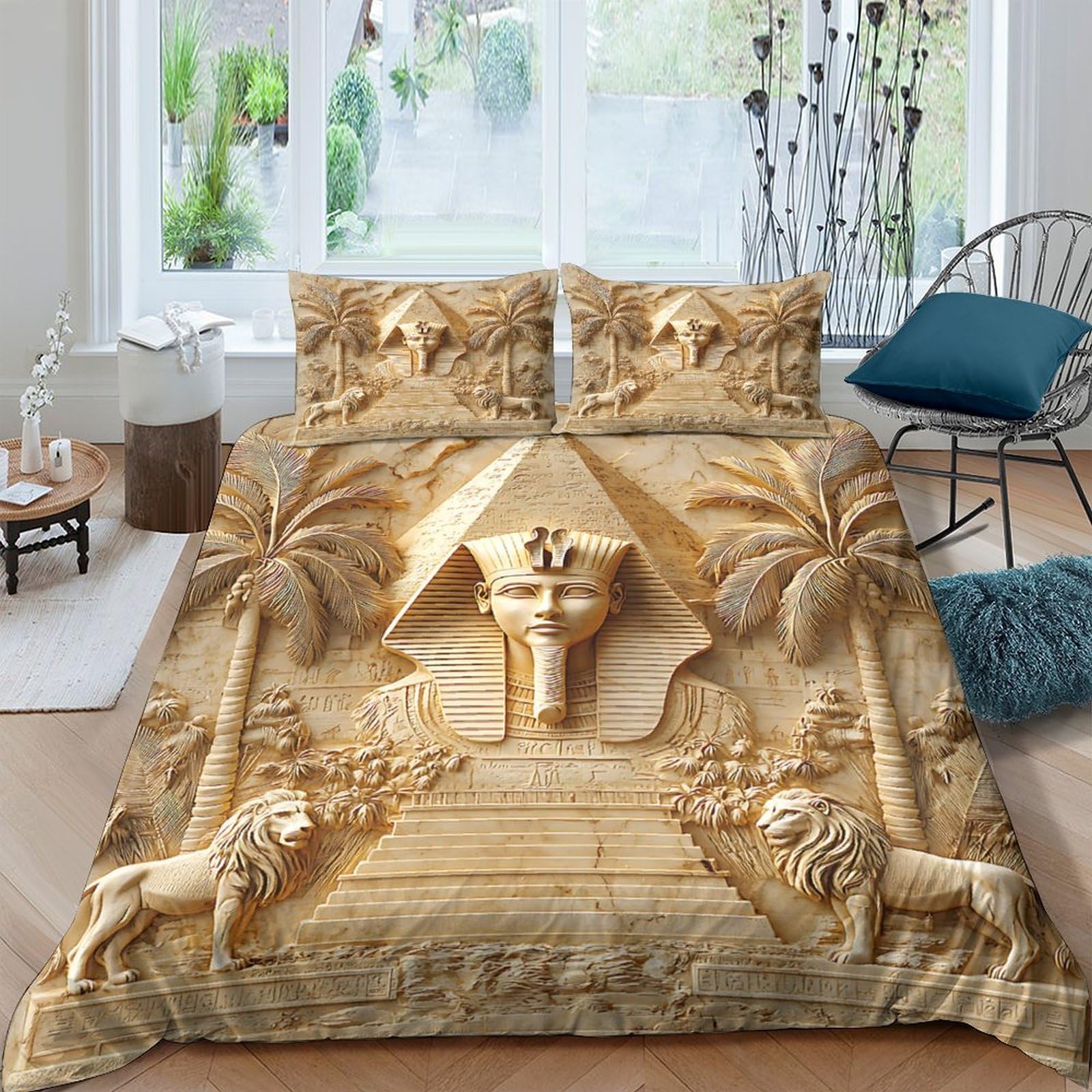 3D Printed Egyptian Pyramid Duvet Cover Set Microfiber Soft Breathable Sphinx Lion Bedding Set with 2 Pillowcases for Bedroom Decor Single（135x200cm）