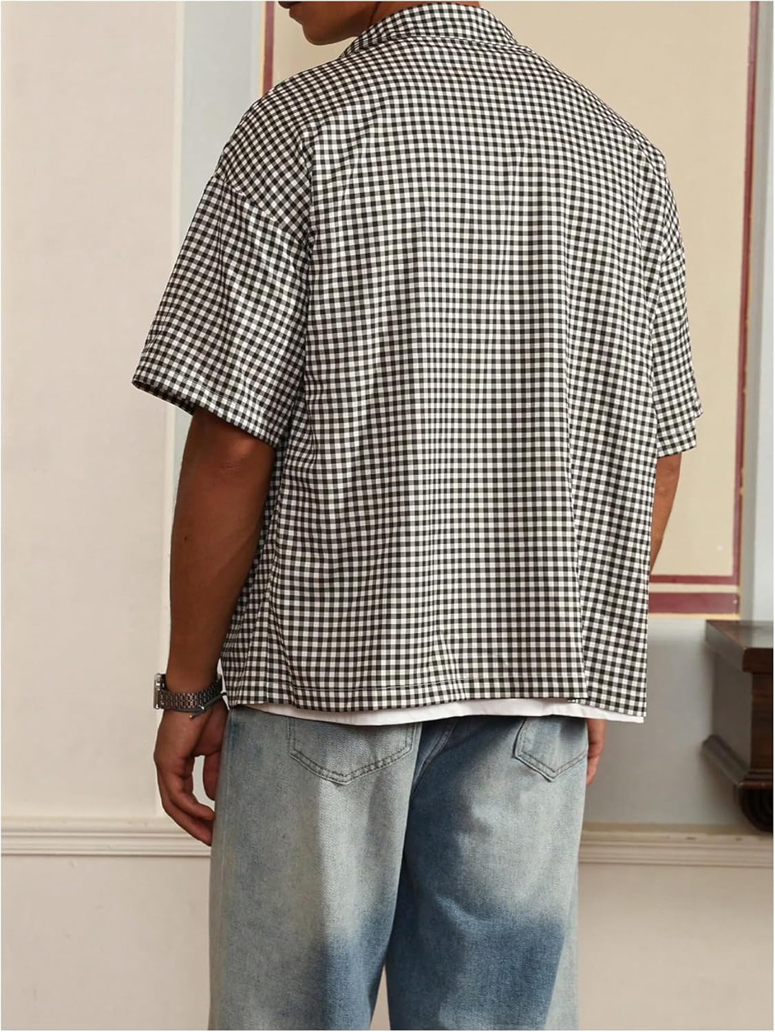 Men's Plaid Shirts Vintage Short Sleeve Button Up Loose Fit Gingham Tops Streetwear - Image 3