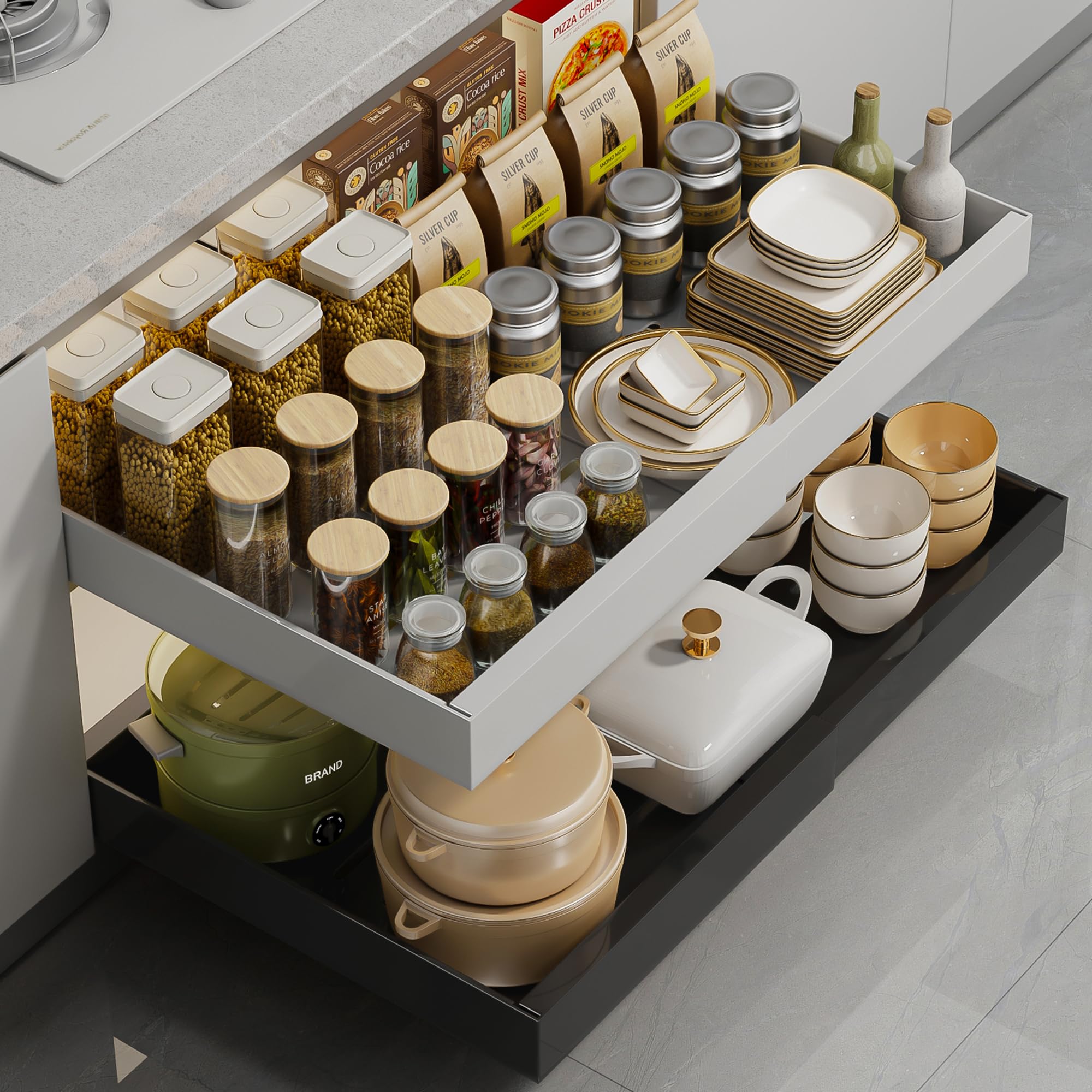 Étagère de rangement coulissante pour simplifier l'accès aux casseroles