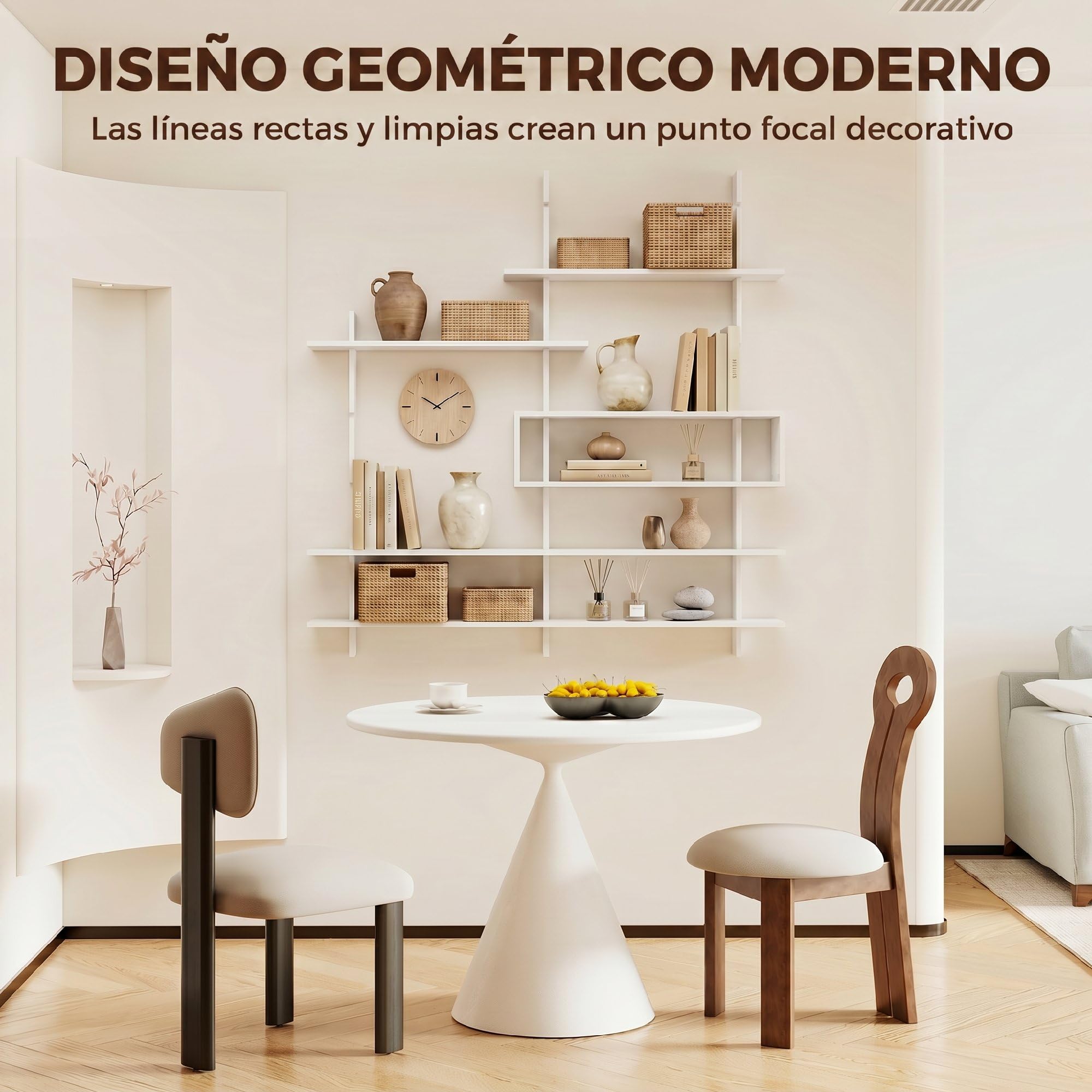 HOMCOM Estantería de Pared, Librería Geométrica con 4 Estantes, Blanco | Compartimento Central Rectangular, Estantes Decorativos, para Salón o Dormitorio