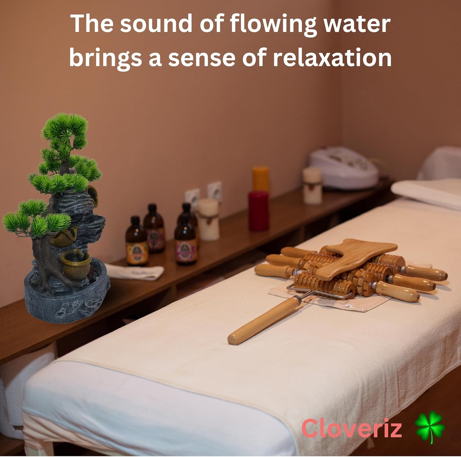 18-Inch Tabletop Water Fountain with Bonsai Tree, Cascading Pots, and Spinning Water Wheel – Indoor Zen Decorative Fountain with USB Connection for Home or Office