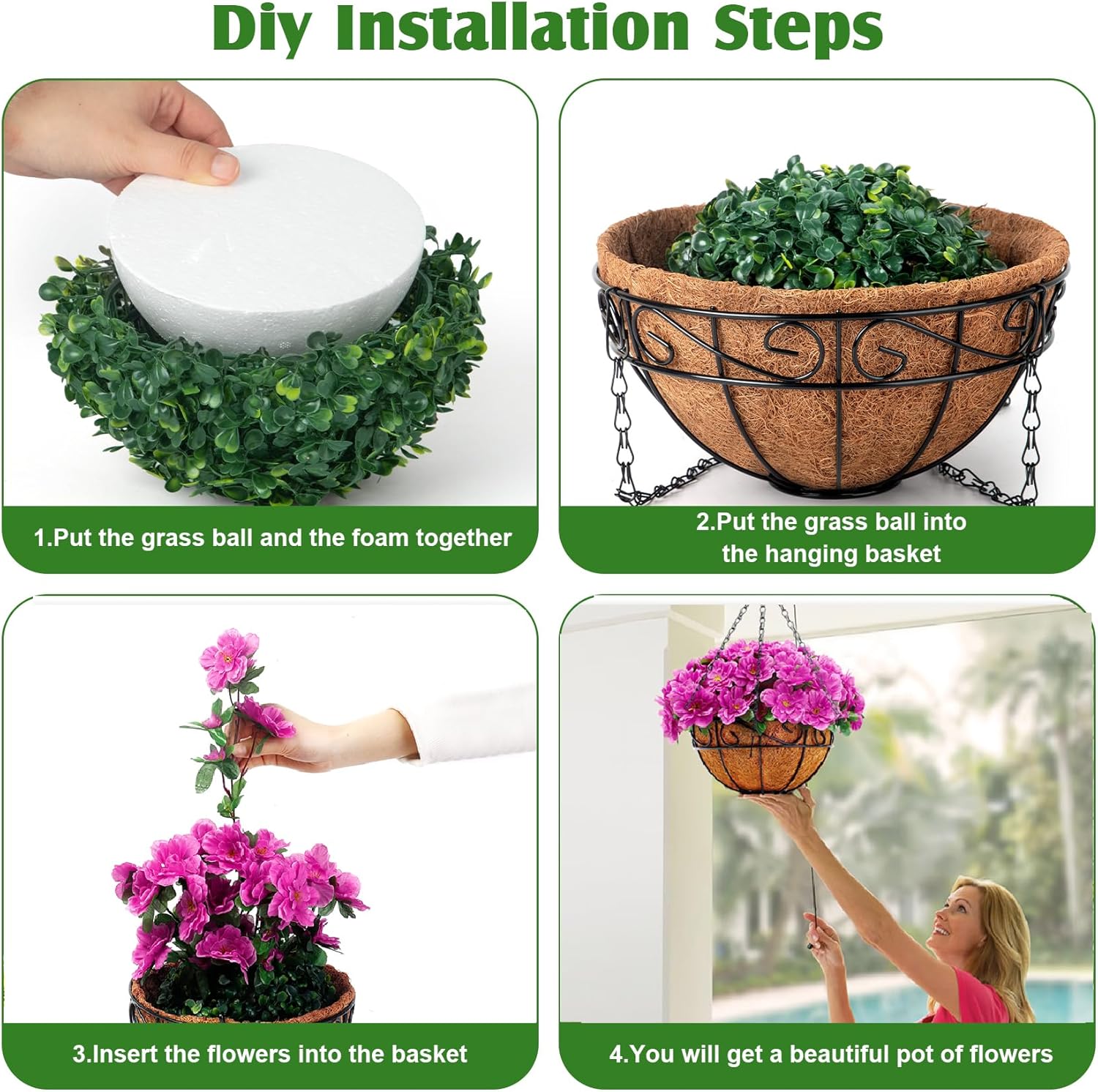 Ouddy Decor Artificial Hanging Flowers with Basket, Silk Azalea Flowers in Coconut Basket, Fake Hanging Plants Artificial Decor for Outdoor Indoor Yard Garden Patio Home Room Porch Decor (Fuchsia)