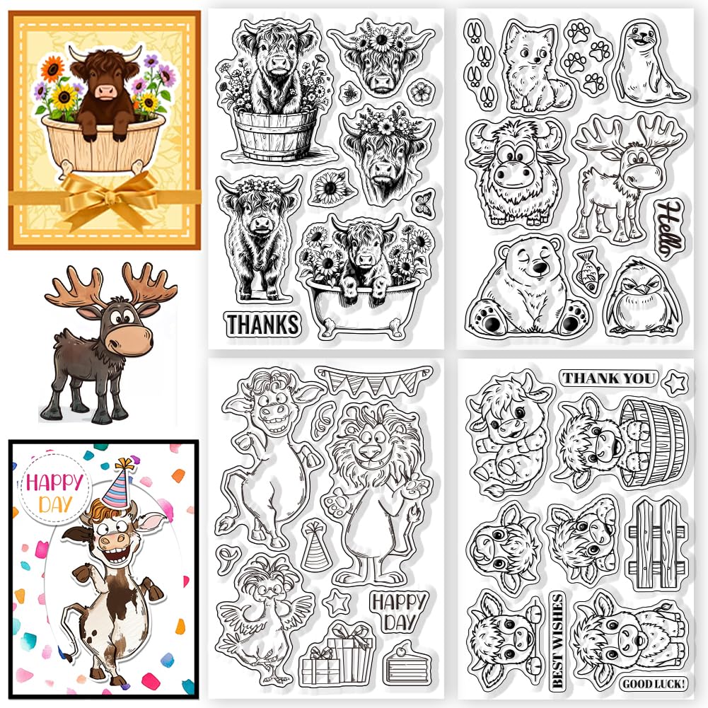 4 timbri trasparenti in silicone con motivo bestiame delle Highland, per fai da te, scrapbooking e creazione di biglietti, decorazioni artigianali con carta, 16 x 10 cm