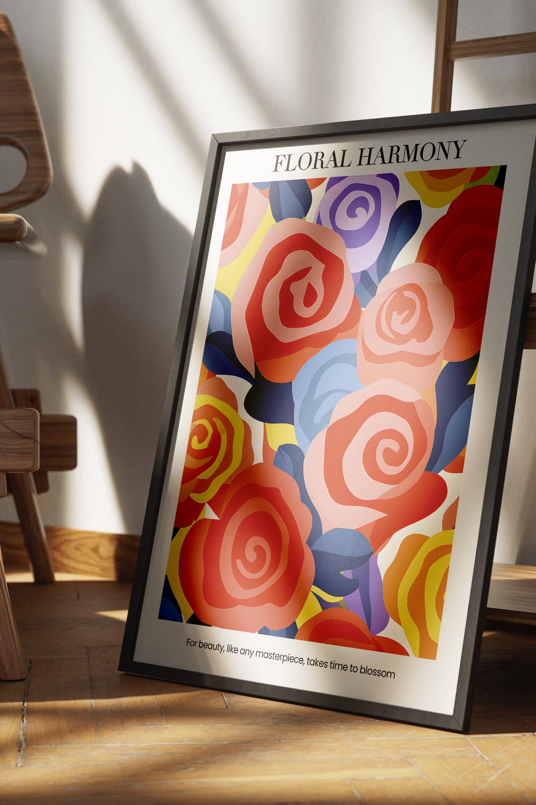 Zestia Siyah Çerçeveli Tablo, Renkli Güller, Floral Harmony Yazılı, Modern Grafik Poster No: 107615 30 x 40