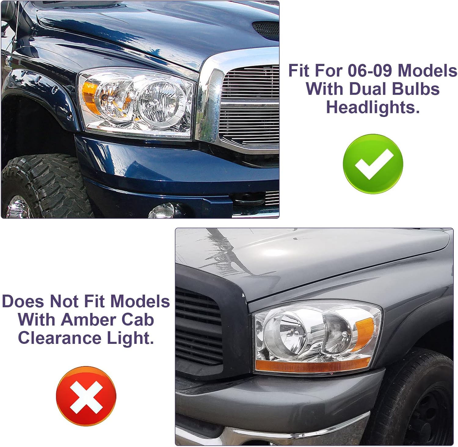 Anti-fogging Headlight Assembly Fit For 06 07 08 2006 2007 2008 Dodge Ram 1500, 06 07 08 09 2006 2007 2008 2009 Ram 2500/3500 Driver And Passenger Side (Chrome Housing Amber Reflector)