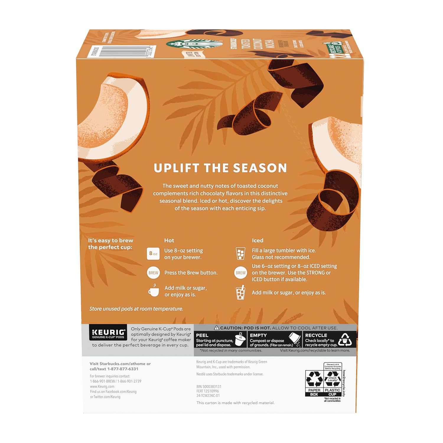 Starbucks K-Cup Coffee Pods, Toasted Coconut Mocha Flavored for Keurig Coffee Makers, 100% Arabica, Limited Edition, 1 Box (22 Pods)