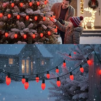 25 Pack Red Christmas Light Bulbs,C9 Glass Incandescent Red Replacement Bulbs for Night Light,C9/E17 Candelabra Base 7 Watt Great for Outdoor Indoor Holiday Christmas Valentine String Lights
