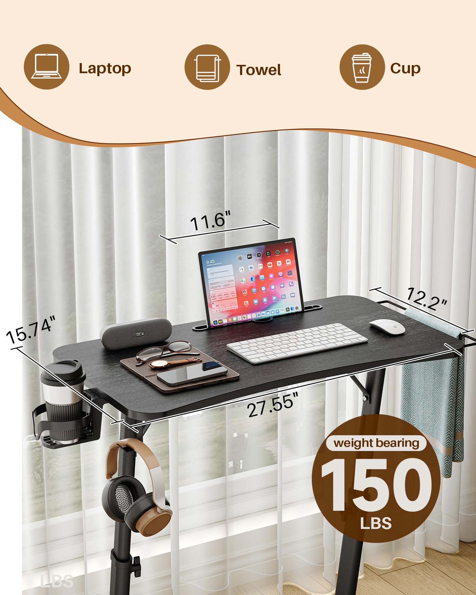 Stół do treningu rowerowego z regulacją wysokości i kółkami, stolik nocny i stolik pod laptopa, stolik pomocniczy z regulacją wysokości, do jazdy wewnątrz i bieżni z uchwytem na napoje i hakami