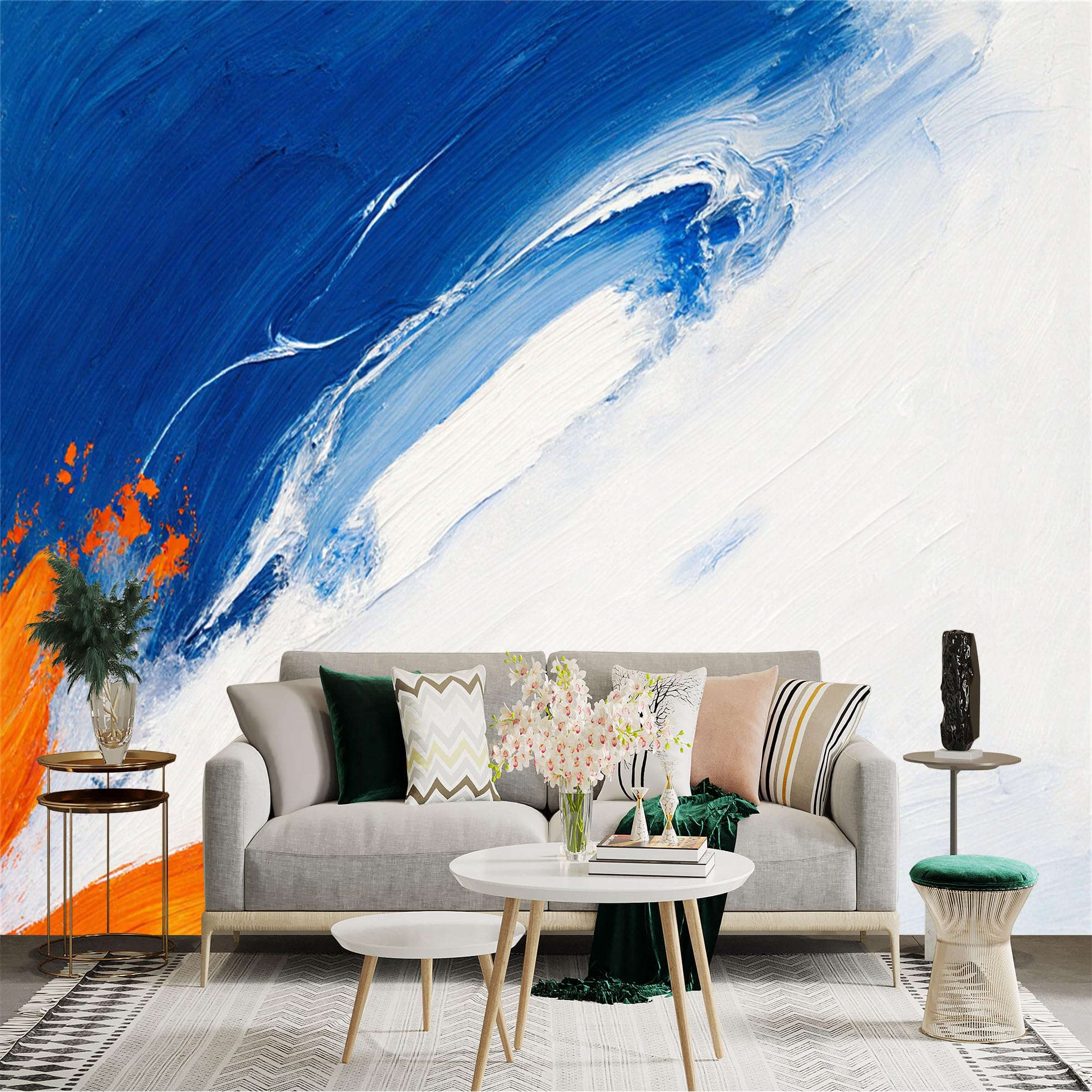 Custom Size Wall Sticker Mural， Abstract Oil Painting， Textured Blue White and Orange Brushstrokes， Modern Artistic Home Decor， for wall Decoration， peelandstick wall Decals.