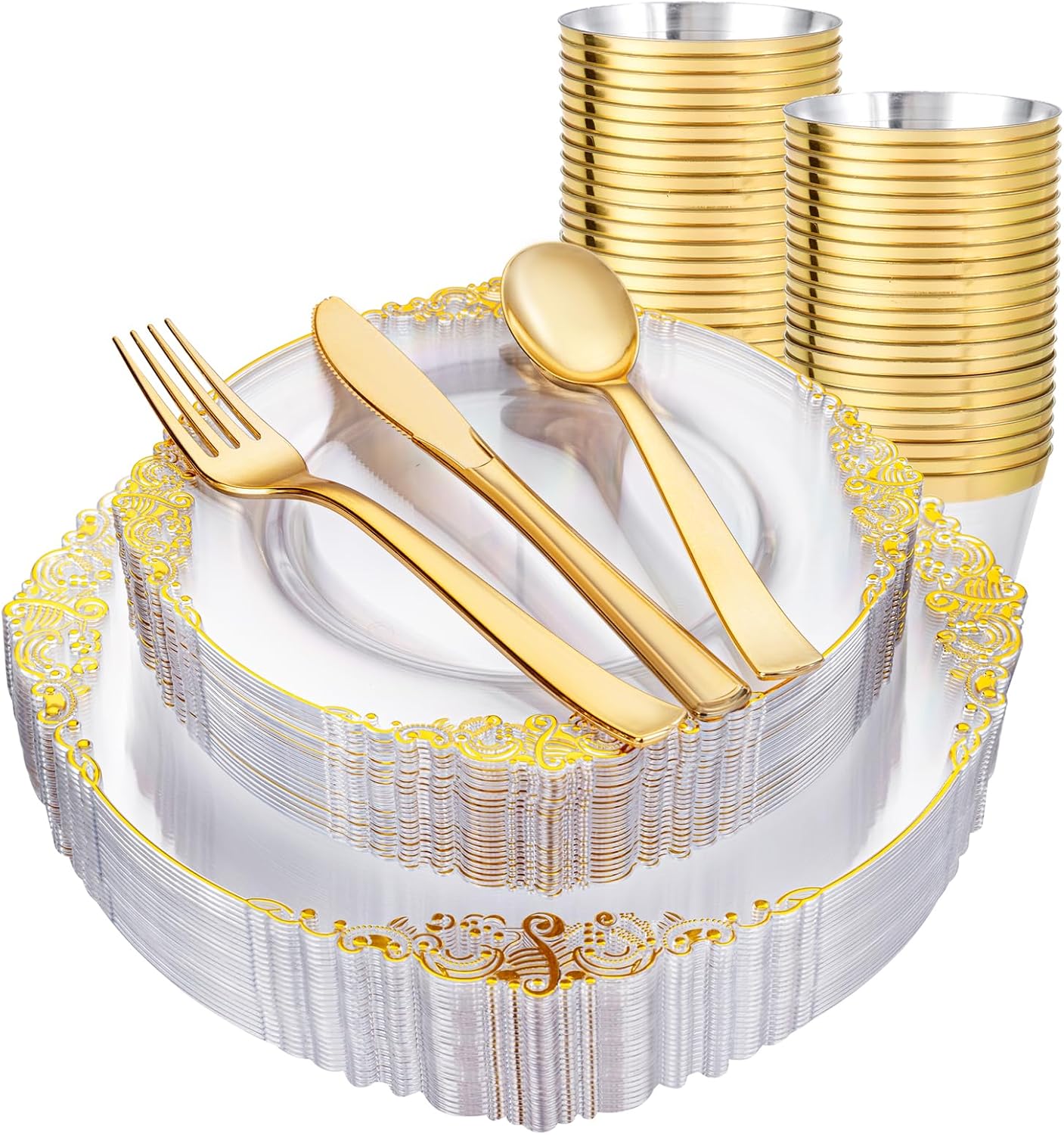 Hioasis 150PCS Clear and Gold Plastic Plates – Disposable Dinnerware Set Perfect for 25 Guests include 25 Dinner Plate, 25 Dessert Plate, 25 Forks,25 Spoons, 25 Knives, 25 Cups (NO Napkins Included)