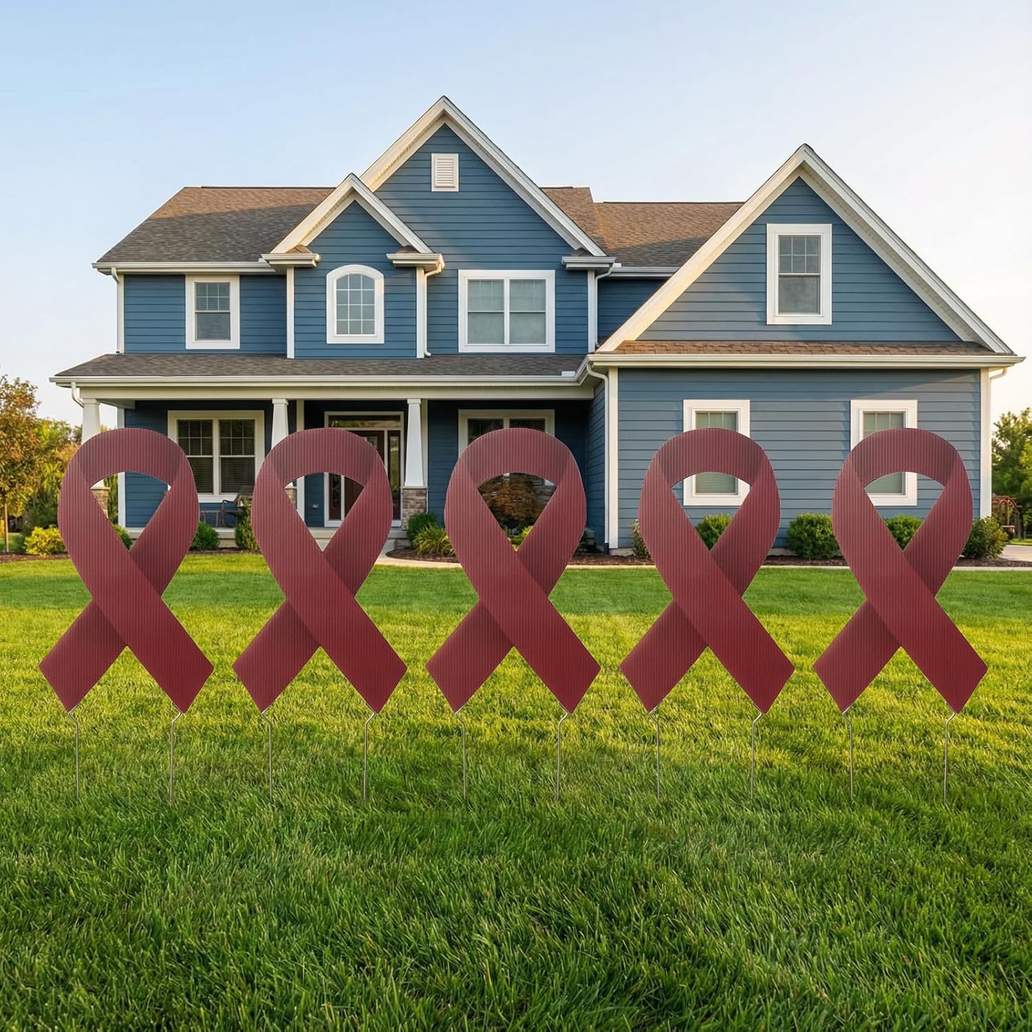 Large Ribbon Awareness Yard Signs with Metal Stakes 14" Ribbon Health Awareness Lawn Stakes Waterproof Patio Sign for Outdoor Garden Decorations (Burgundy)