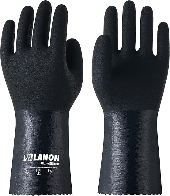 LANON Black Nitrile Chemical Gloves, Reusable Thick Rubber Gloves, Heavy Duty, MicroFoam Textured Palm, Acid and Oil, EN 388/374, XL/10