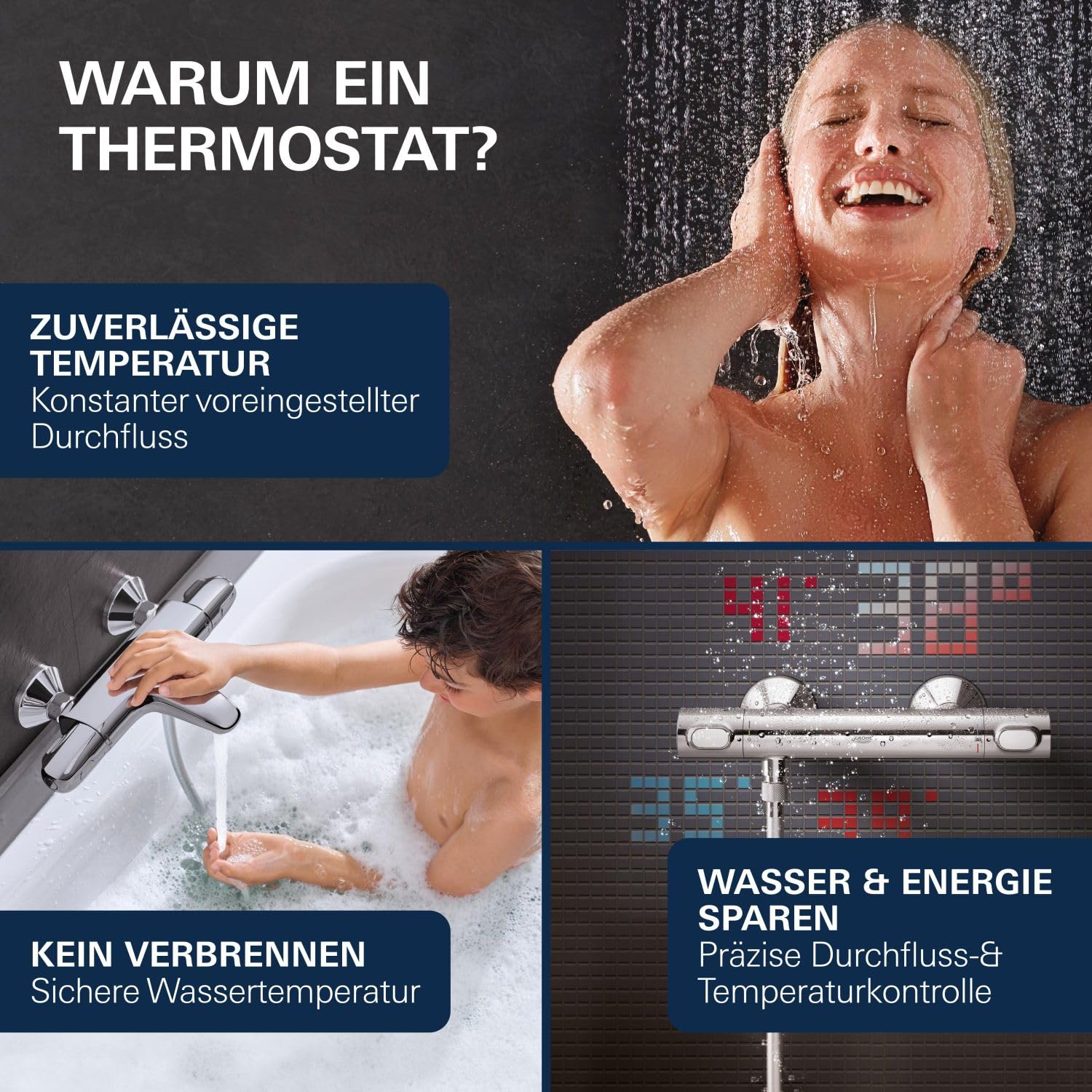 GROHE Precision Flow, Duscharmatur wassersparend (Thermostat hält Temperatur konstant, Verbrühschutz bei 38°C, Mischbatterie mit Wasserspartaste für die Dusche, mit 3in1 Werkzeug), chrom, 34840000