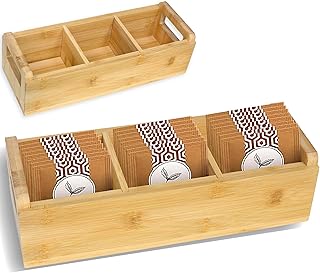 Bamboo Tea Organizer Box Chemical Free Eco-Friendly Big, Tall, Adjustable Cubbies Natural Wooden Storage Chest (3-Slot, Blank)