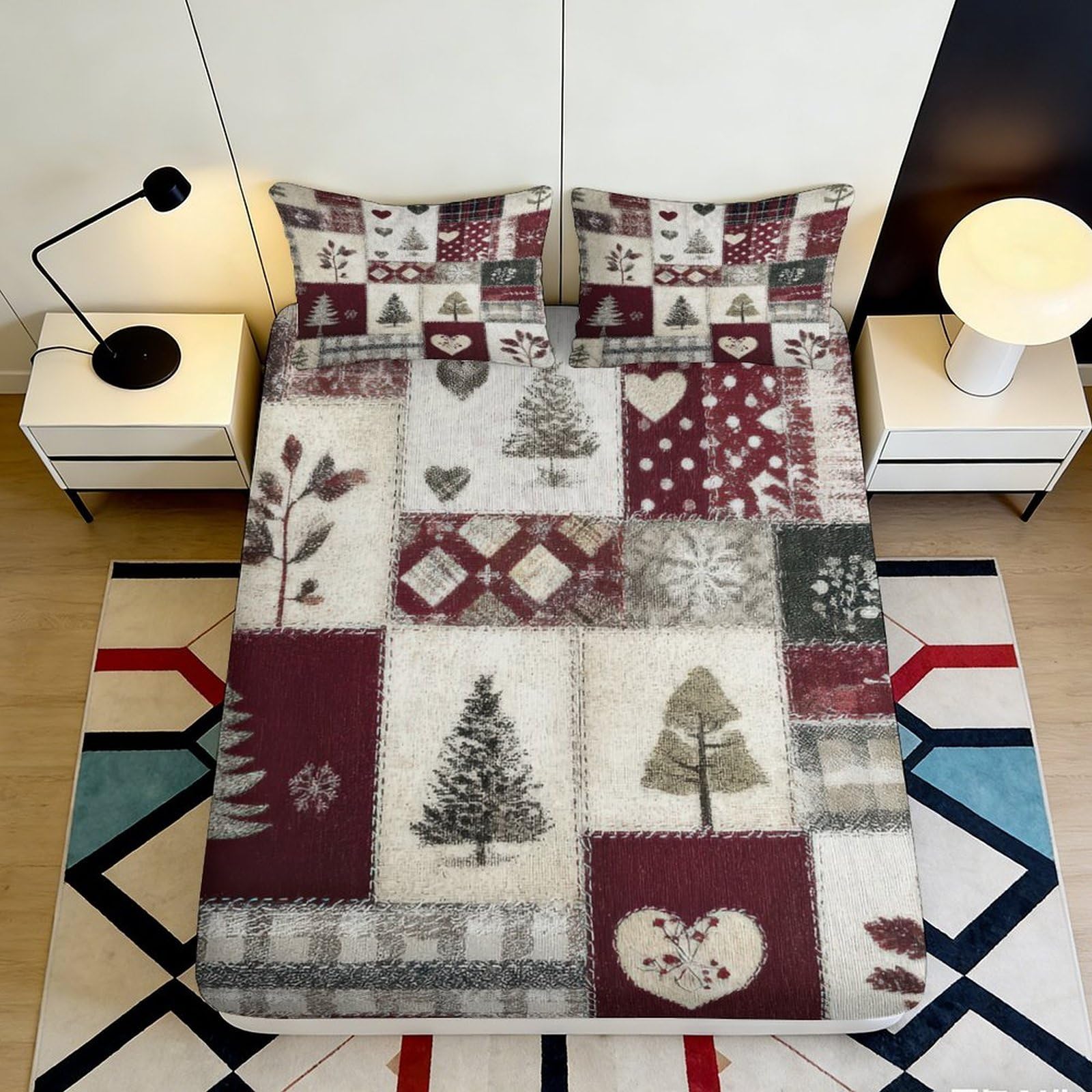 3D Printed Christmas Tree Fitted Sheet Microfiber Red Patchwork Heart Mattress Cover for Bedroom Guest Room Decoration 90x200x25cm