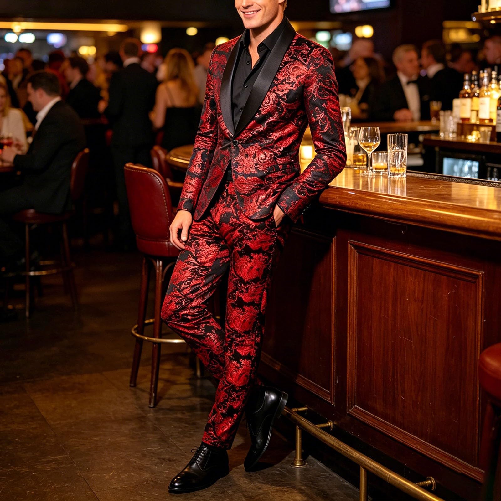 Generisch Tuta da uomo, 2 pezzi, classico, oro floreale, jacquard, slim fit, per matrimonio, ballo, smoking, casual, giacca e pantaloni, motivo cachemire, smoking, per matrimoni e feste
