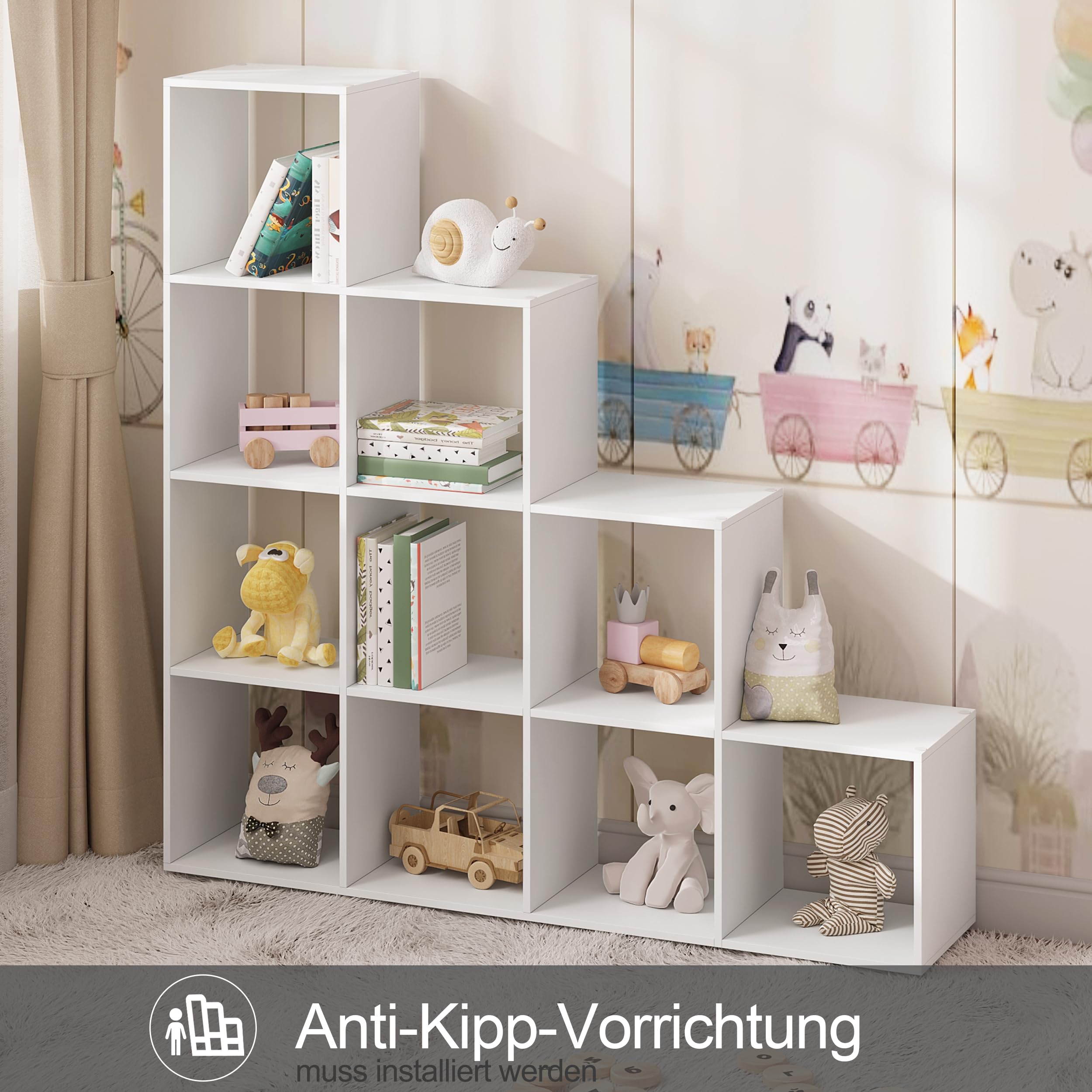 WOLTU weißes Regal für Buch Spielzeug, Bücherregal mit 10 Fächern, Schrank für Wohnzimmer Schlafzimmer, Raumteil aus Holzewerkstoff, Würfelregal Stufenregal 136x29x136 cm RGB44ws