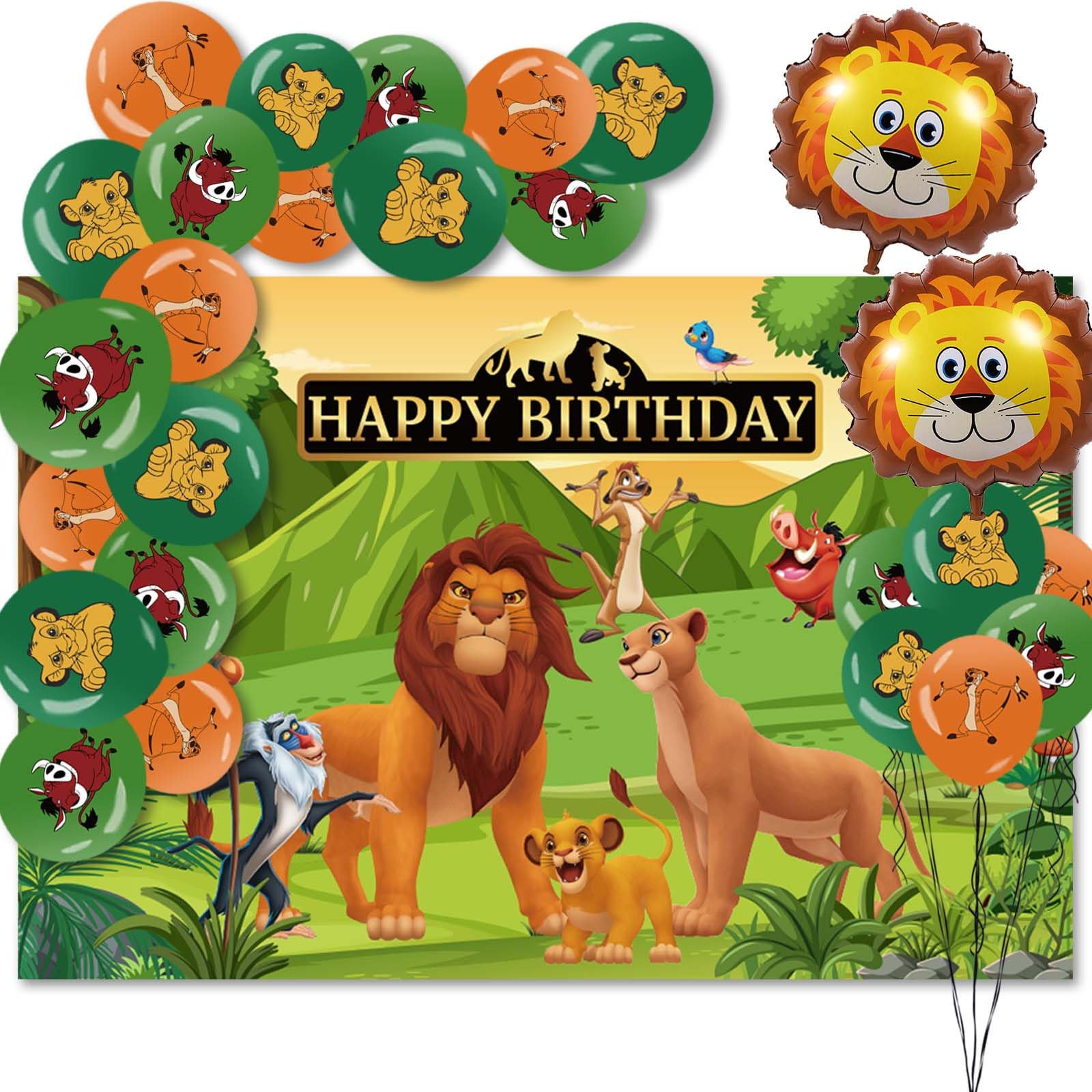 Lion Birthday Party Supplies, Lion King Party Decorations Include 24Pcs Latex Balloons, 1Pcs Backdrop and 2Pcs Foil balloons.