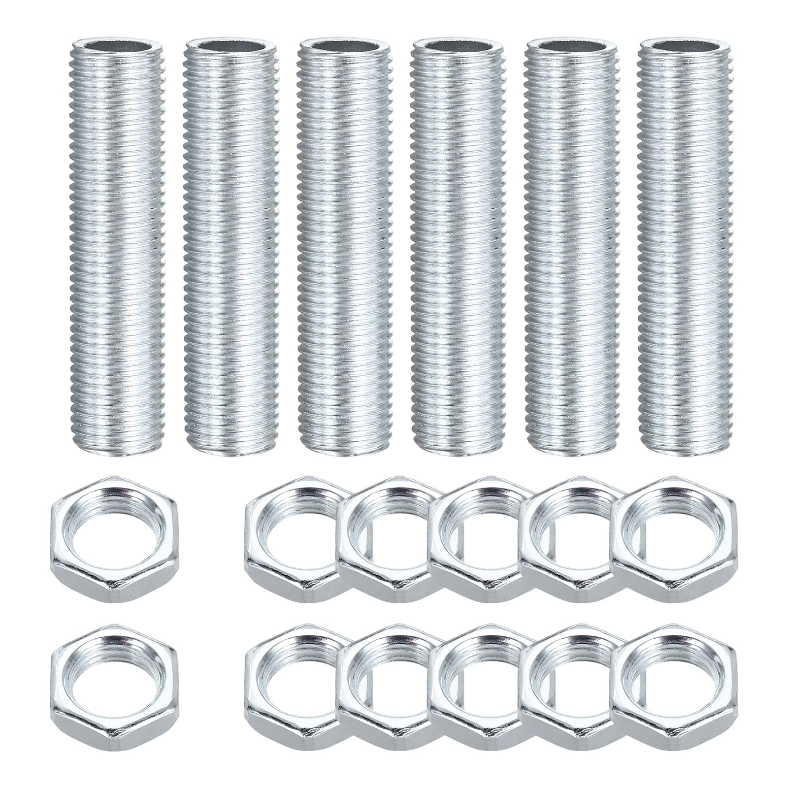 sourcing map 6Pcs 50mm Lamp Pipe Nipples Kit with Lock Nuts, M12x1.25 Fine All Threaded Hollow Tube Lamp Repair Hardware Fasteners for Chandelier Ceiling Lamps Assembly DIY, White Zinc — image 1
