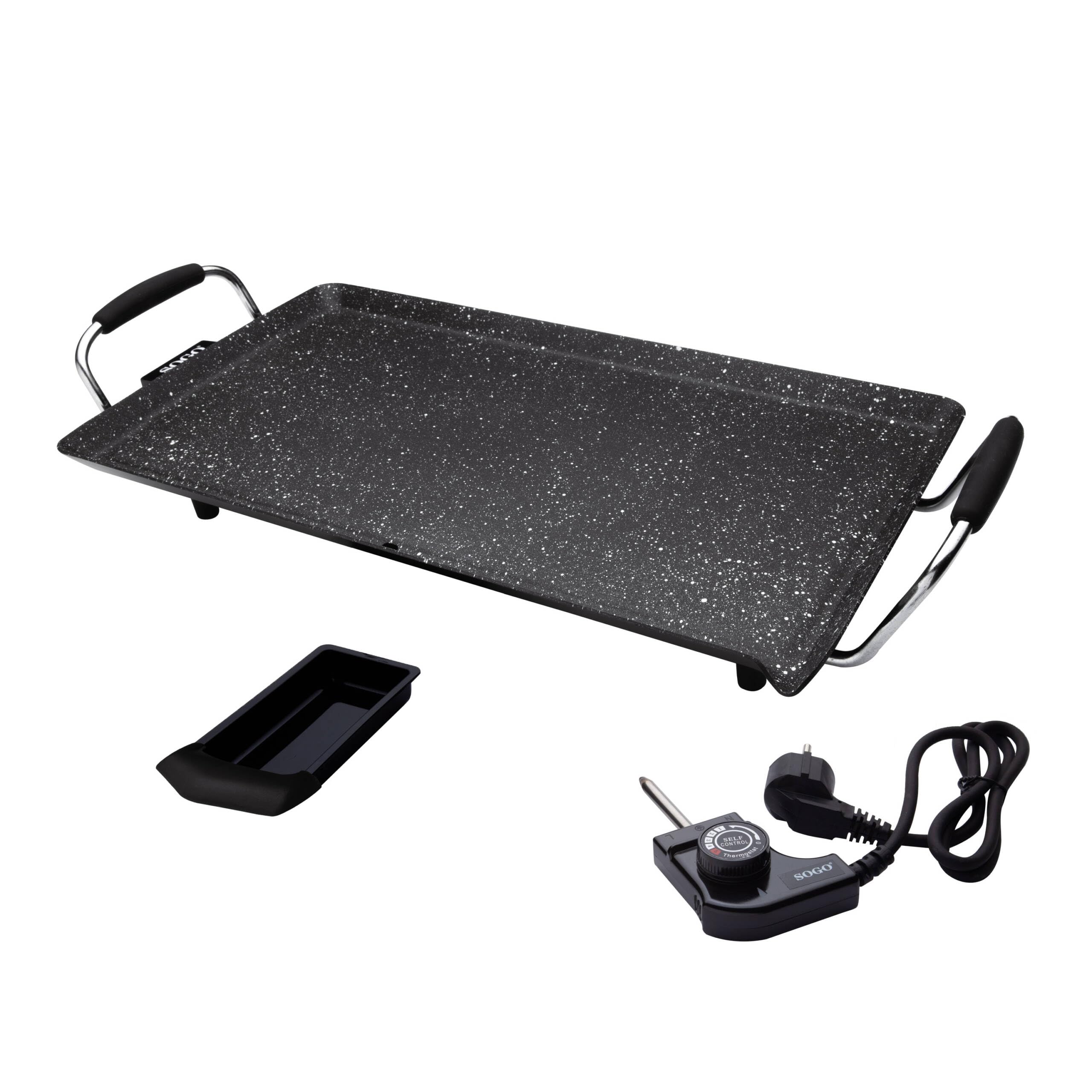 Sogo Plancha De Eléctrica Asar Lisa Antiadherente CERACOOK con bandeja recoge aceites, superficie cocción 46x26 cm, termostato regulador, 2000KW, sin PFOA (SS-1222)