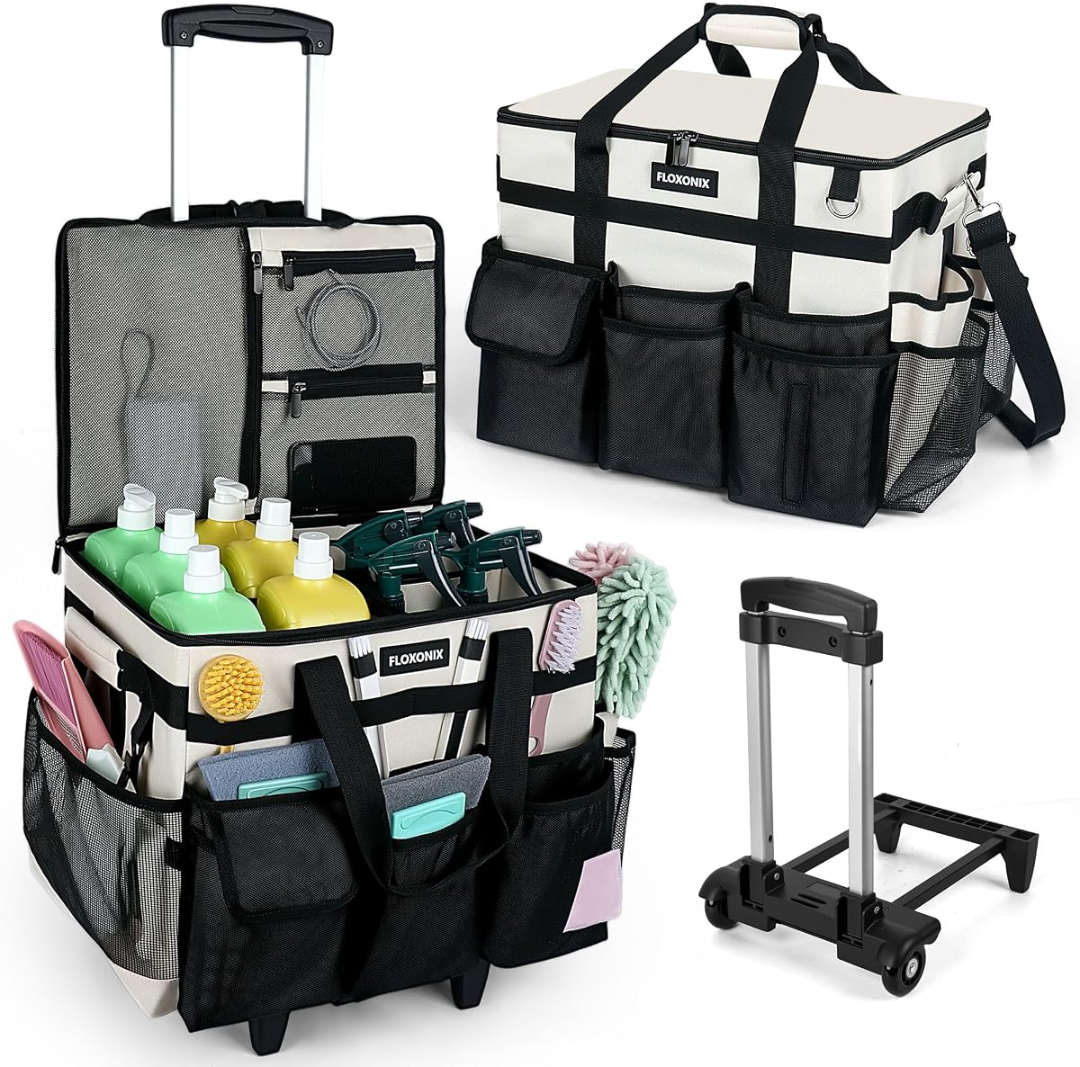 Bolsa de limpieza con ruedas grande con ruedas, con carro desmontable, bolsas de limpieza con ruedas para amas de casa, organizador de suministros para carrito de limpieza para el hogar, automóvil, picnic (beige)