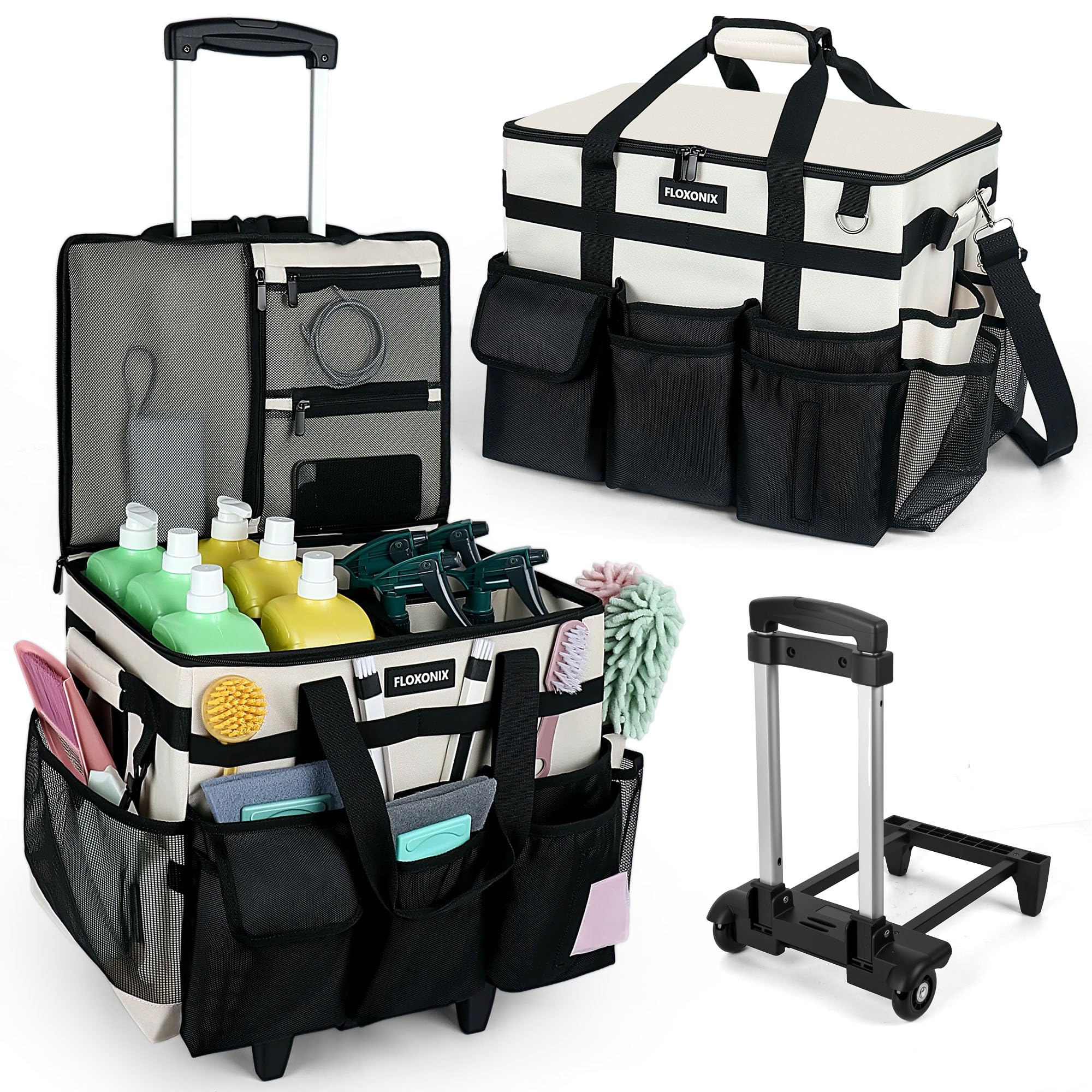 Large Rolling Cleaning Caddy Bag with Wheels, with Detachable Trolley, Cleaning Bags on Wheels for Housekeepers, Cleaning Cart Supplies Organizer for Home, Car, Picnic (Beige)