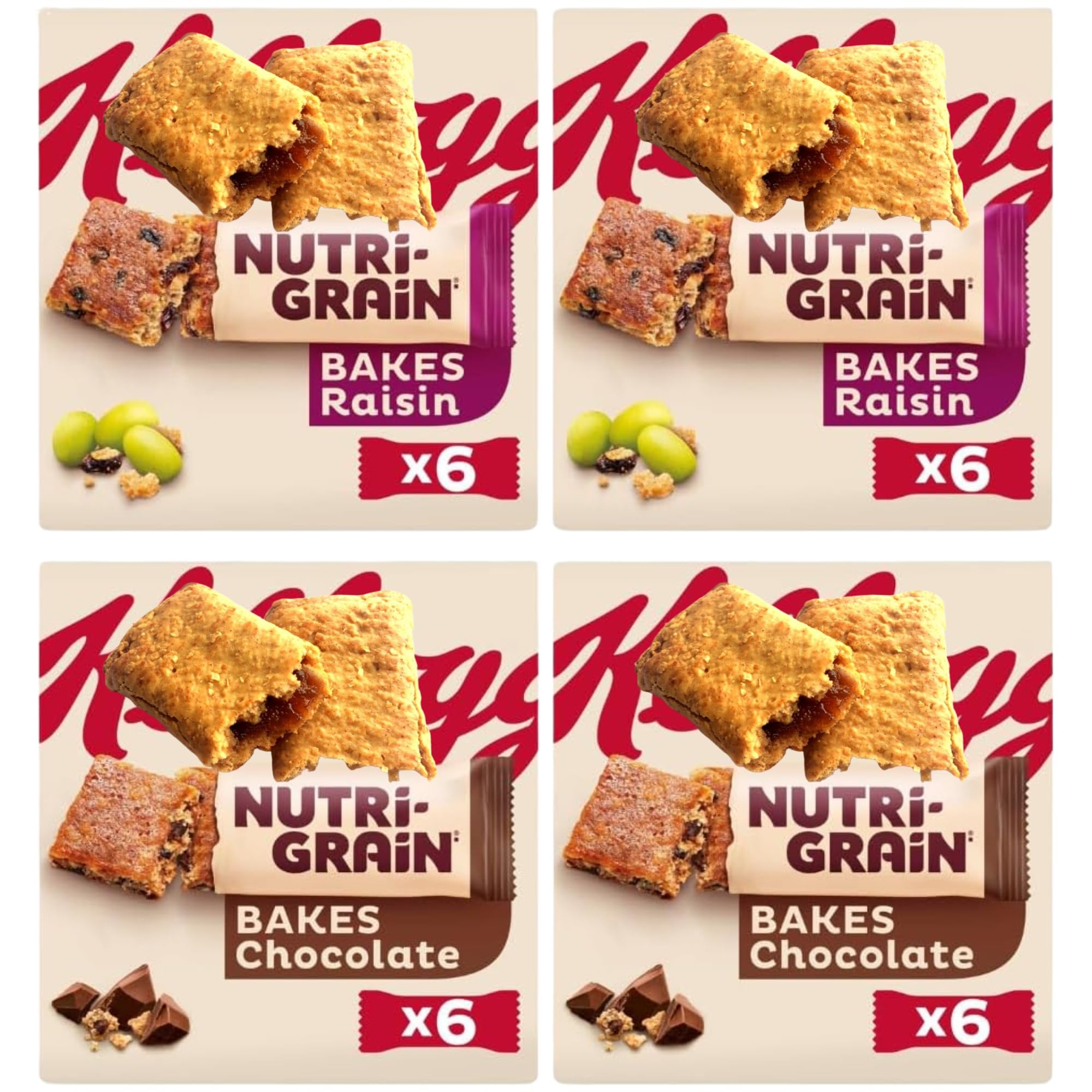 Breakfast Snack Bar Bundle Consisting of Nutrigrain Bars Raisin 6pk x2 & Nutri-Grain Bakes Chocolate Bars 6pk x2 (4 Pack)