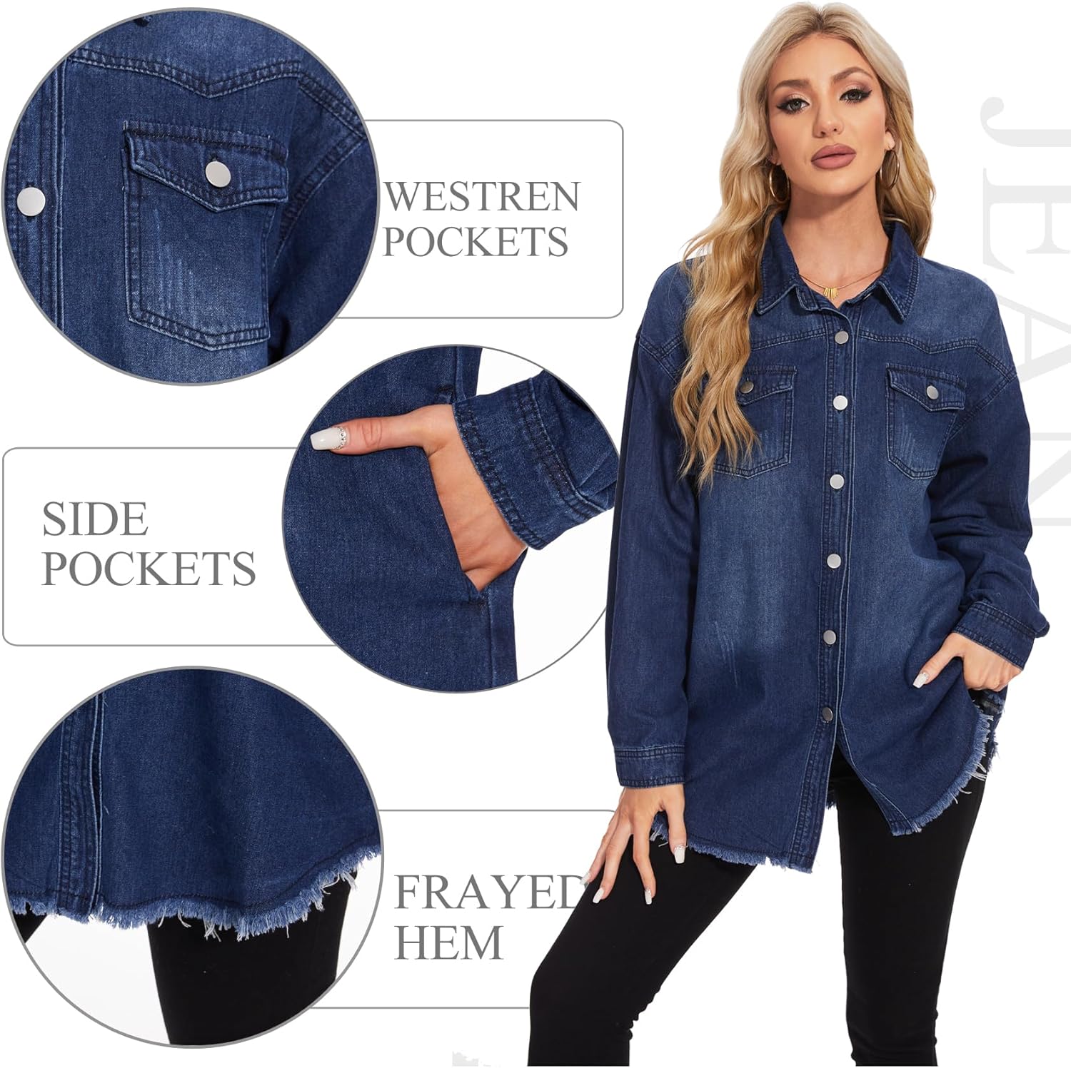 MISS MOLY Denim Jacket for Women Trendy Oversized Long Sleeve Frayed Hem Boyfriend Jean Shacket Coat - Image 3
