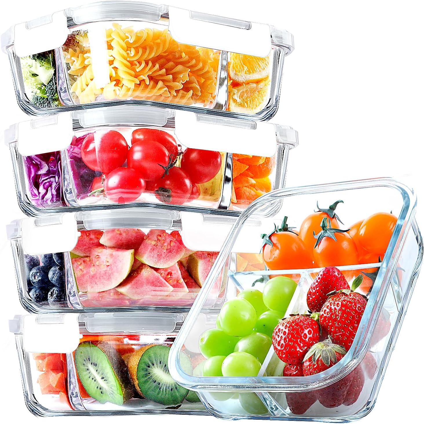 VERONES 5 Pack Glass Meal Prep Containers 3 Compartment Set, 36OZ Airtight Glass Lunch Containers, Food Storage Containers with Lids, for Microwave, Oven, Freezer & Dishwasher Friendly,White