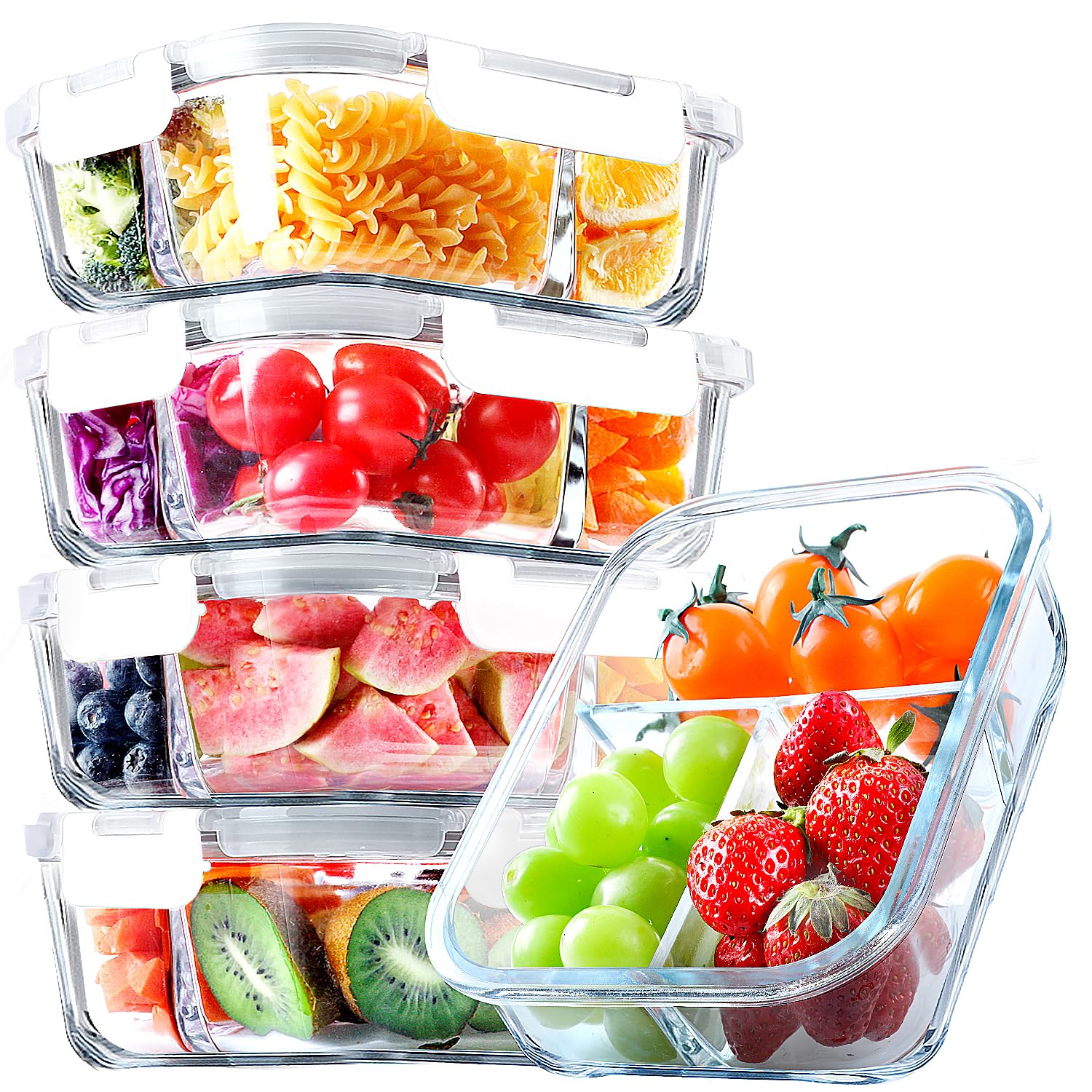 VERONES Paquete de 5 recipientes de vidrio para preparación de comidas, juego de 3 compartimentos, recipientes herméticos de vidrio de 36 onzas, recipientes de almacenamiento de alimentos con tapas